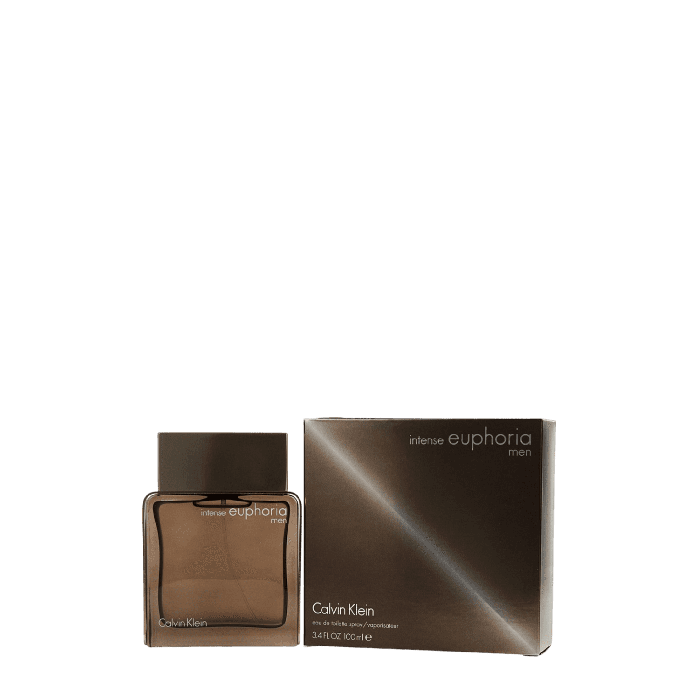 Calvin Klein Euphoria Intense Eau De Toilette 100 ml for men, featuring a sleek brown glass bottle with a matching elegant packaging box. A bold and captivating fragrance with fruity, floral, and spicy notes.