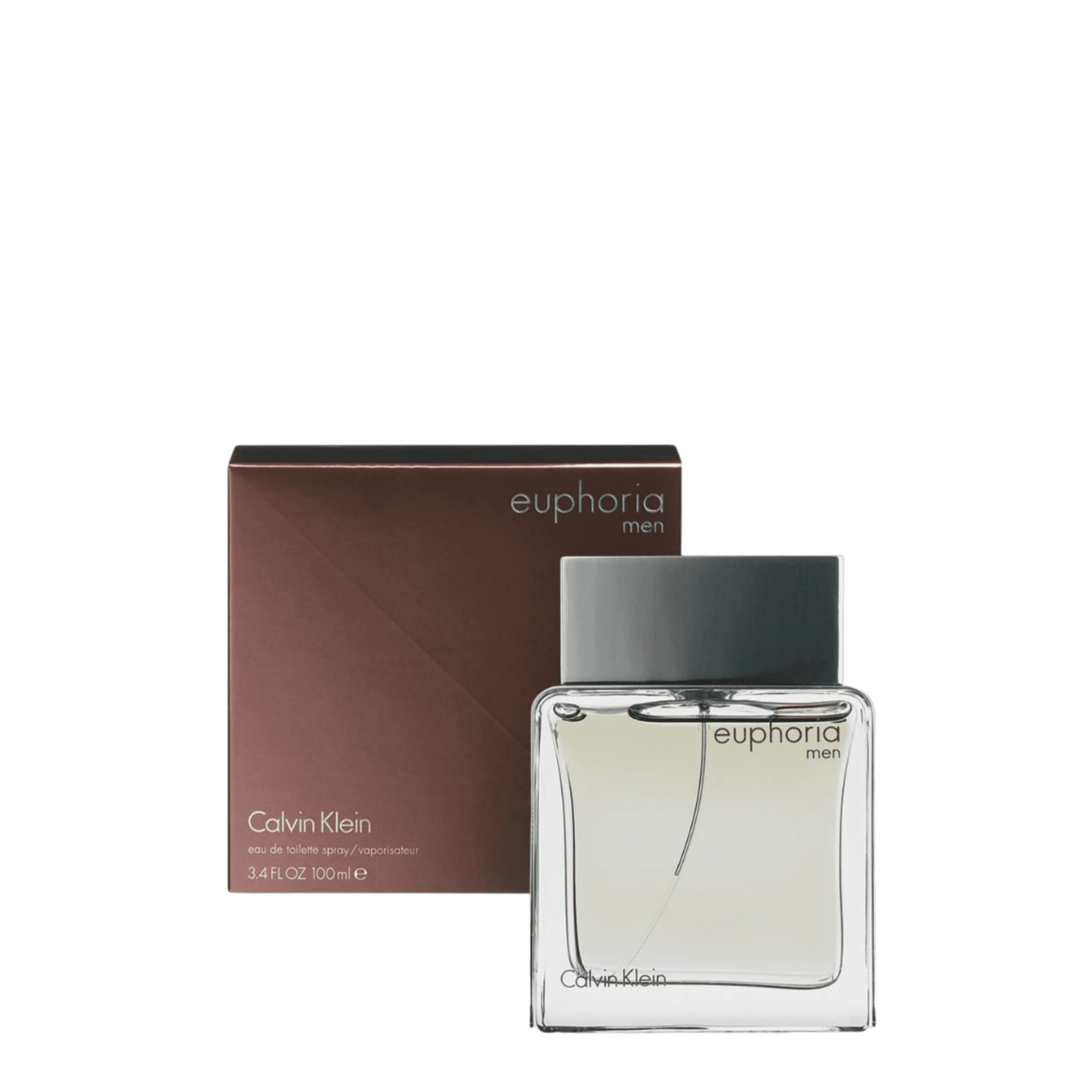 Calvin Klein Euphoria Eau De Toilette 100 ml for men, featuring a sleek glass bottle with a silver cap and a matching brown packaging box. A sensual fragrance with warm, spicy, and sweet notes.