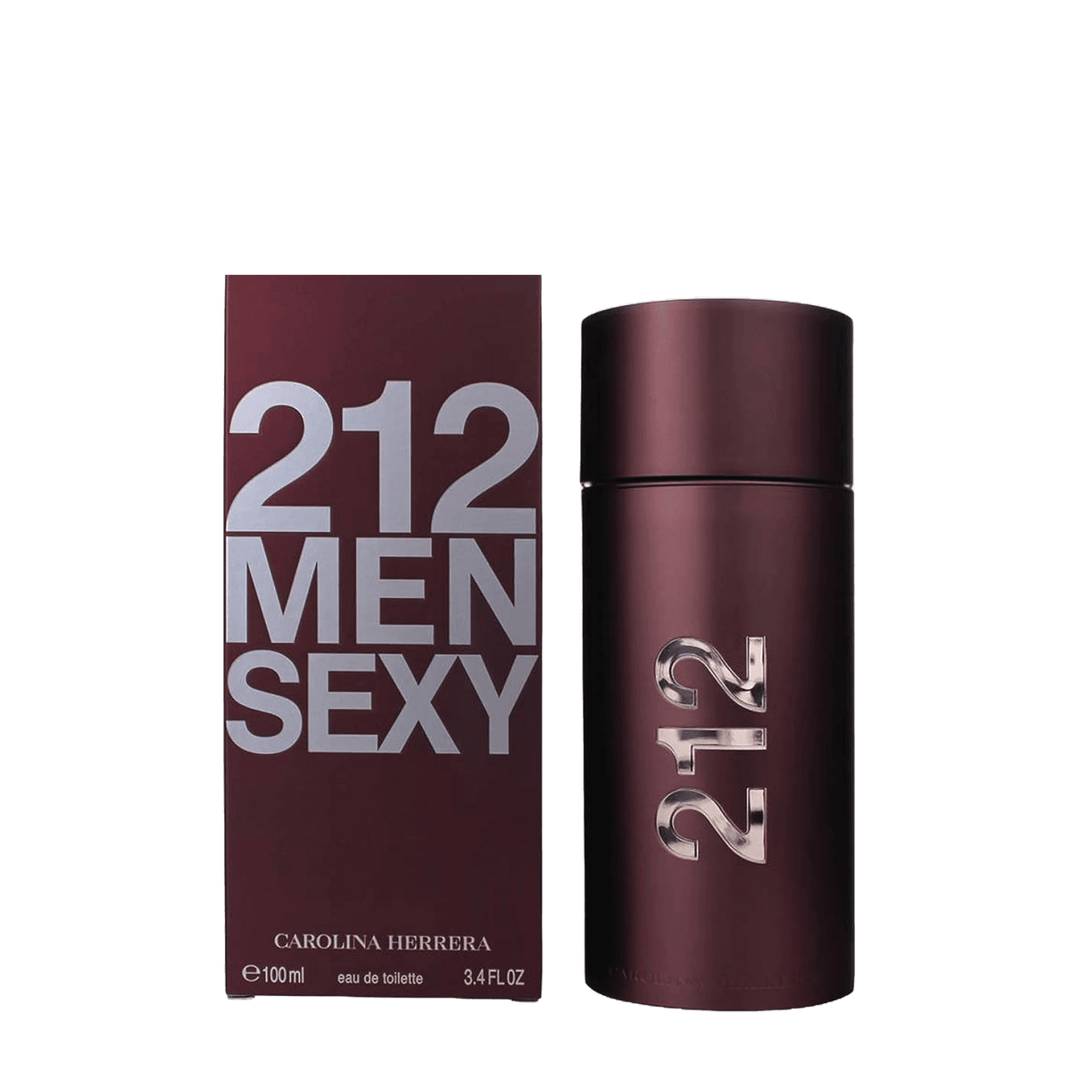 Carolina Herrera 212 Men Sexy Eau de Toilette 100 ml features a sleek burgundy bottle with bold silver lettering. A seductive men's fragrance with warm, spicy, and fresh notes.