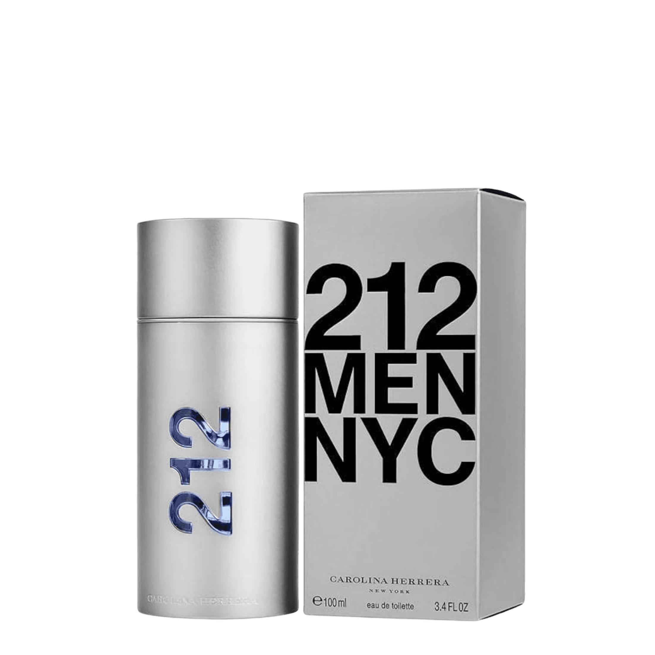 Carolina Herrera 212 NYC Eau de Toilette 100 ml features a sleek silver bottle with bold branding, embodying a fresh and modern fragrance. This men's perfume blends citrus, lavender, and spices for a dynamic and energetic scent.