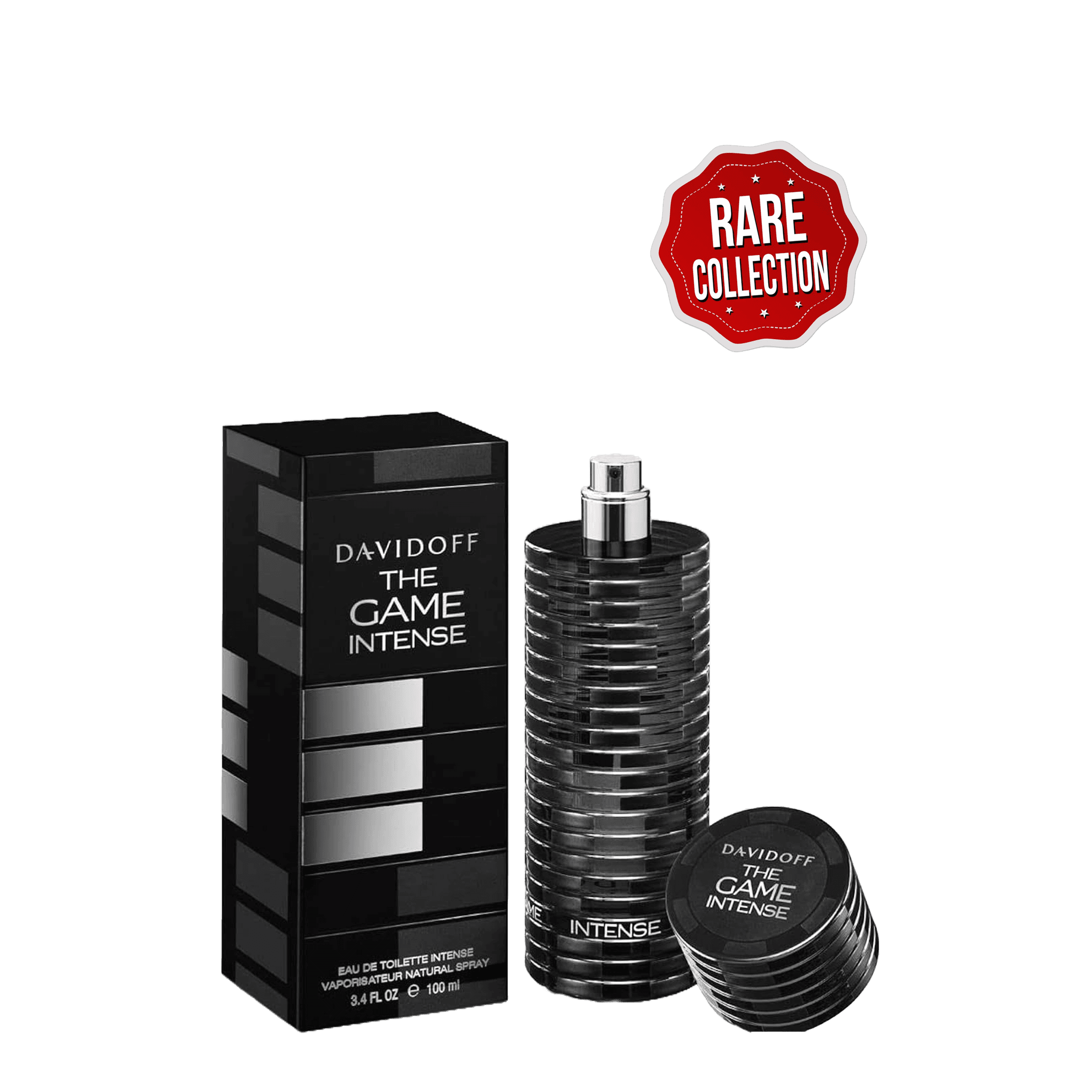 Davidoff The Game Intense Pour Homme Eau de Toilette 100 ml, a rare and discontinued men's fragrance with bold notes of bitter orange and gin. The sleek black bottle and packaging exude sophistication and intensity.