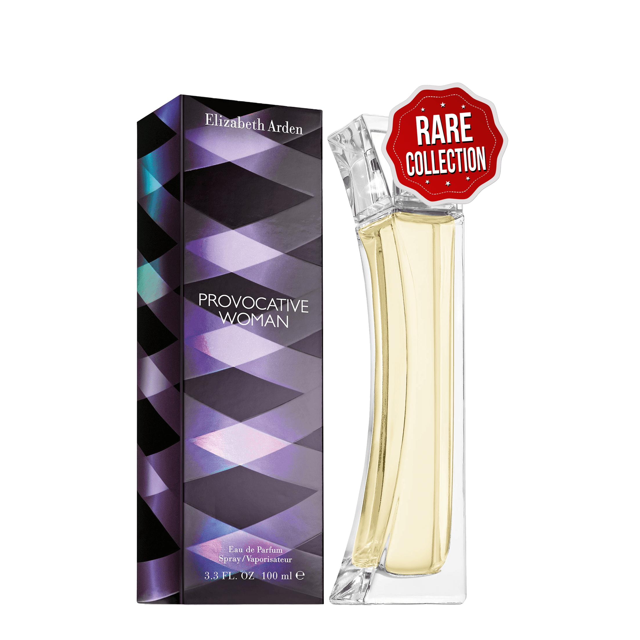 Elizabeth Arden Provocative Women 100 ML Eau de Parfum, a rare and discontinued fragrance with an alluring and seductive scent. Elegant curved bottle with a luxurious packaging design.