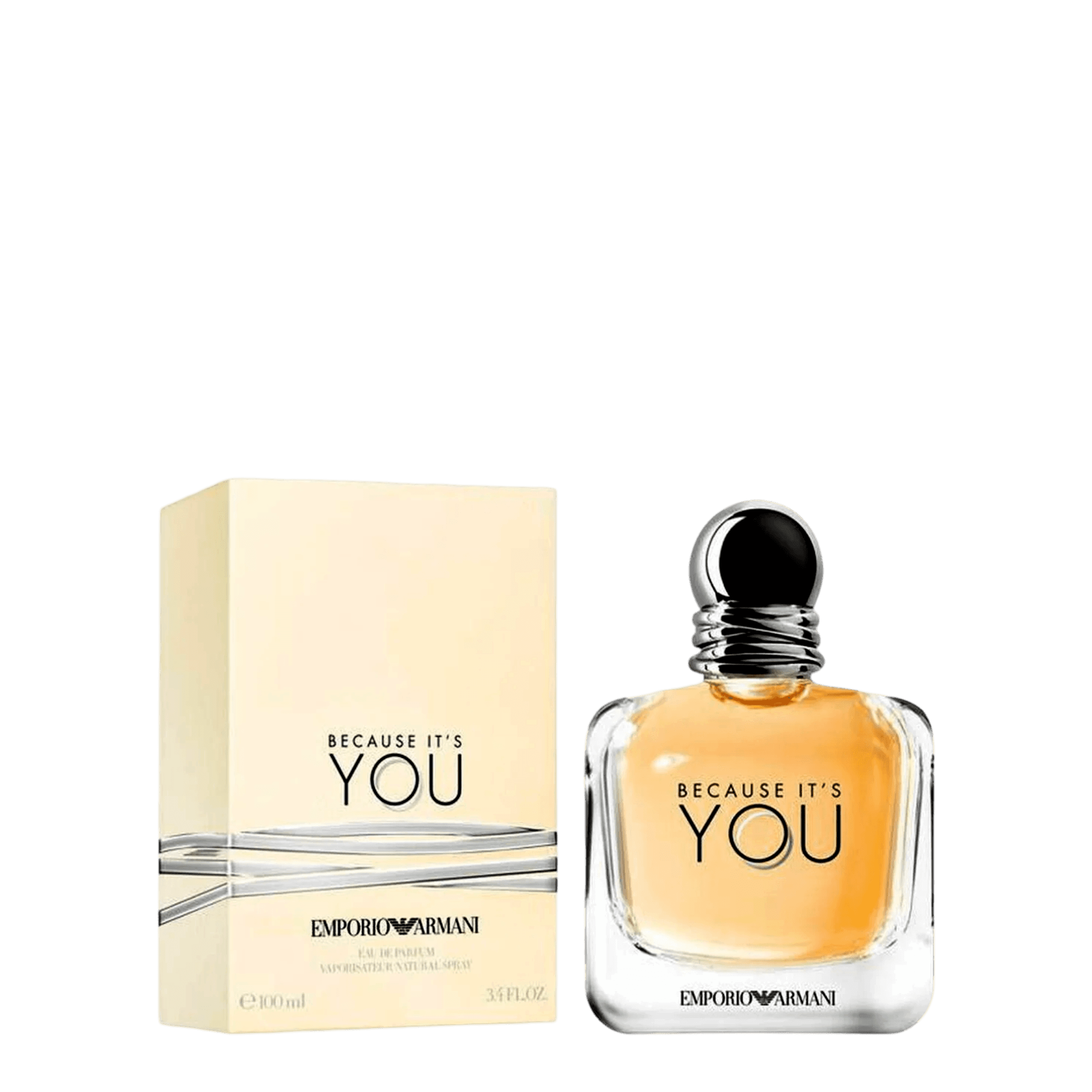 Emporio Armani Because It’s You EDP 100 ml perfume with elegant packaging. A feminine fragrance featuring raspberry, neroli, and romantic rose notes.