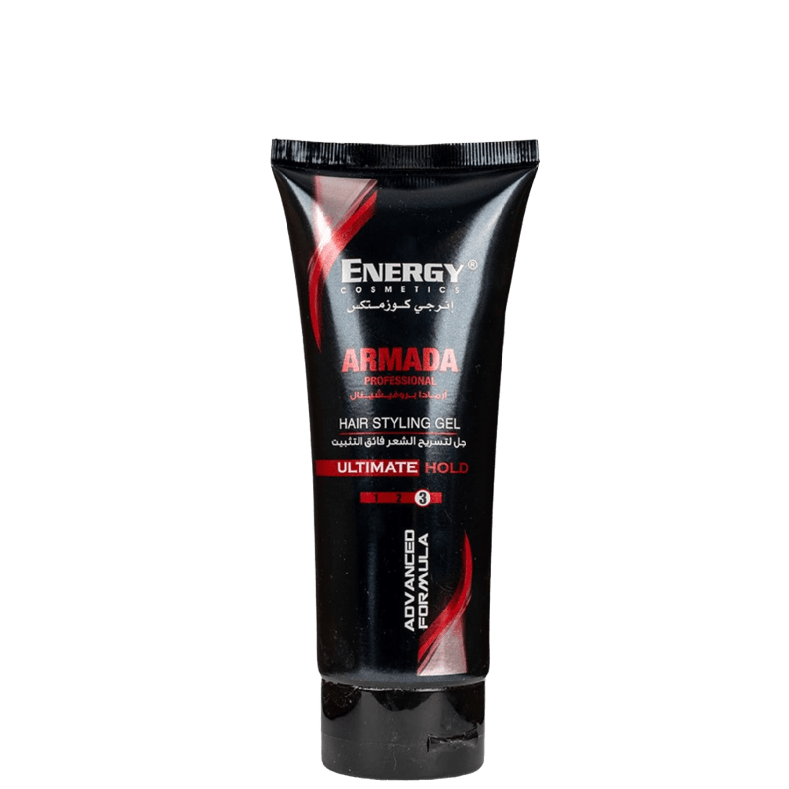 Black tube of Energy Armada Hair Styling Gel with red and white accents, labeled for ultimate hold, professional hair control, and sleek styles