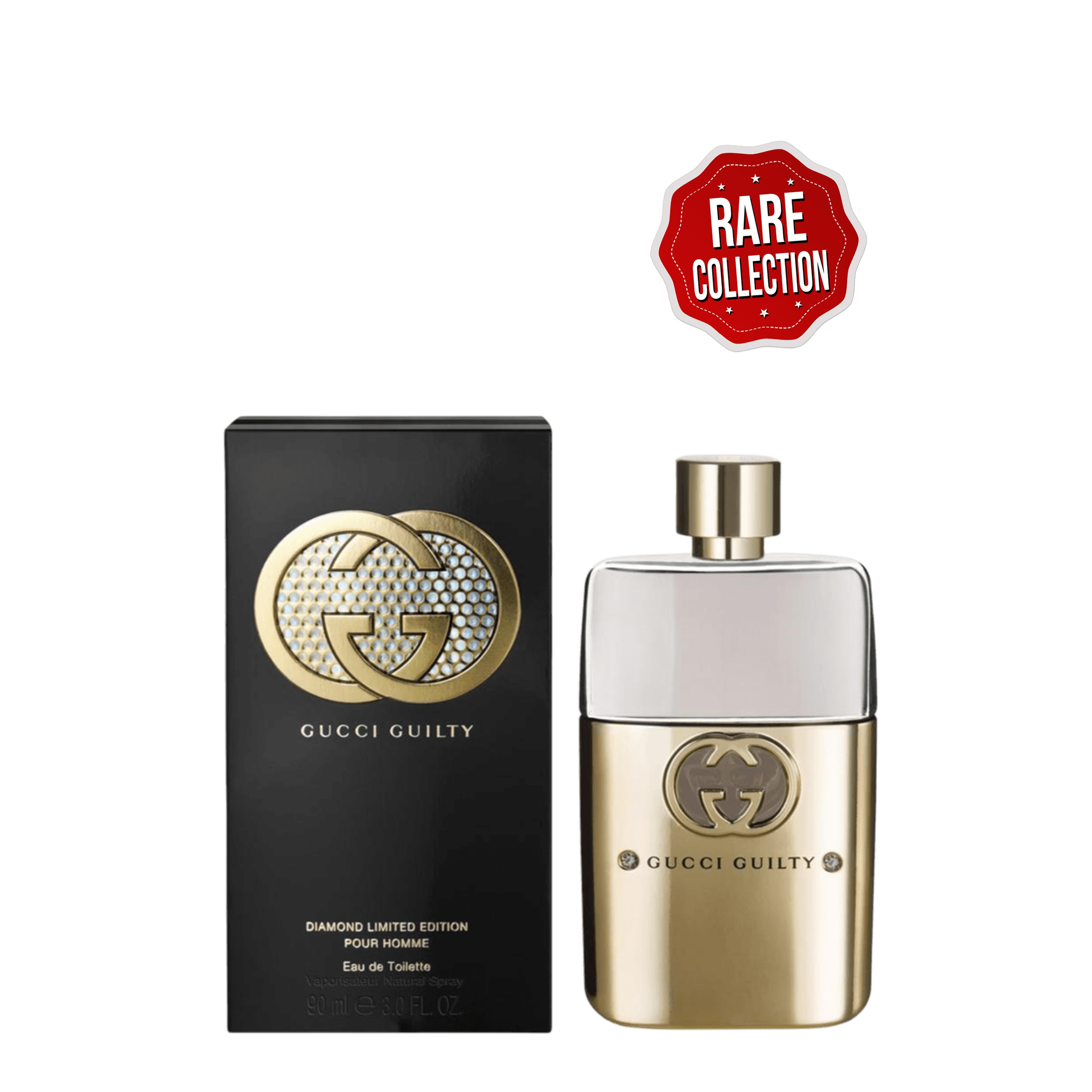 Gucci Guilty Diamond Edition Pour Homme Eau de Toilette 90 ml, a rare and discontinued men's fragrance. This limited-edition scent features a luxurious gold and white bottle with the iconic Gucci logo, perfect for collectors and fragrance enthusiasts.