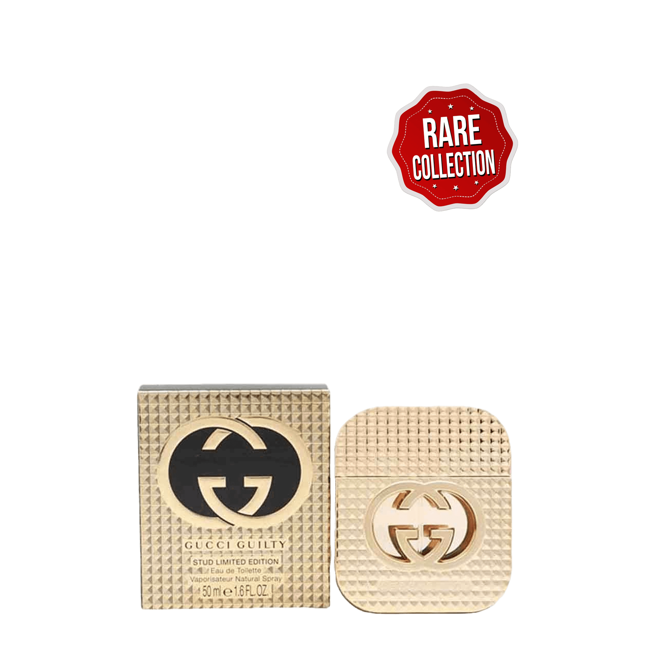 Gucci Guilty Stud Limited Edition For Women EDT 50 ML in a studded gold bottle with matching packaging. A rare, discontinued perfume with a bold, glamorous scent.