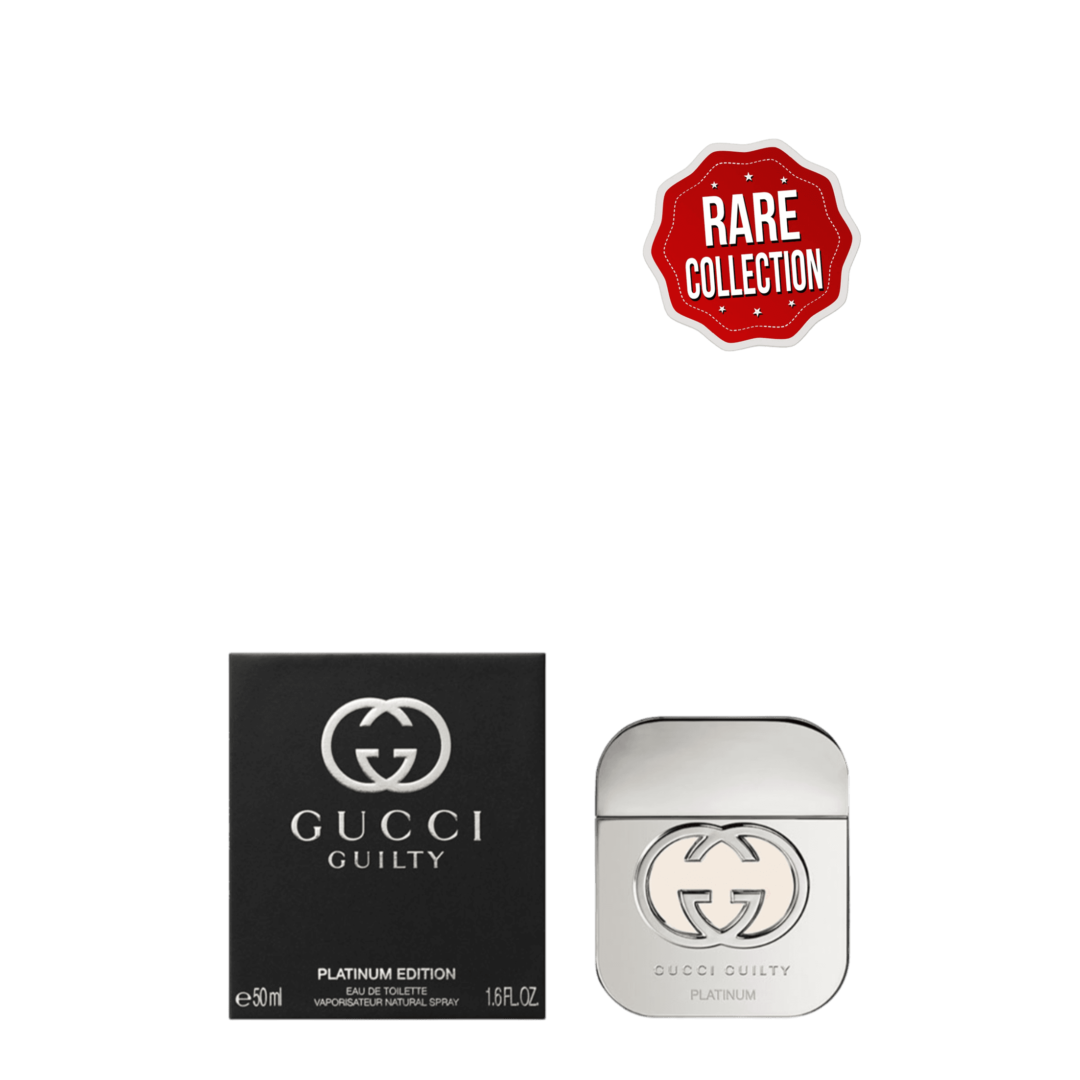 Gucci Guilty Platinum Edition For Women EDT 50 ML in a sleek platinum-toned bottle with matching black packaging. A rare, discontinued fragrance for women.