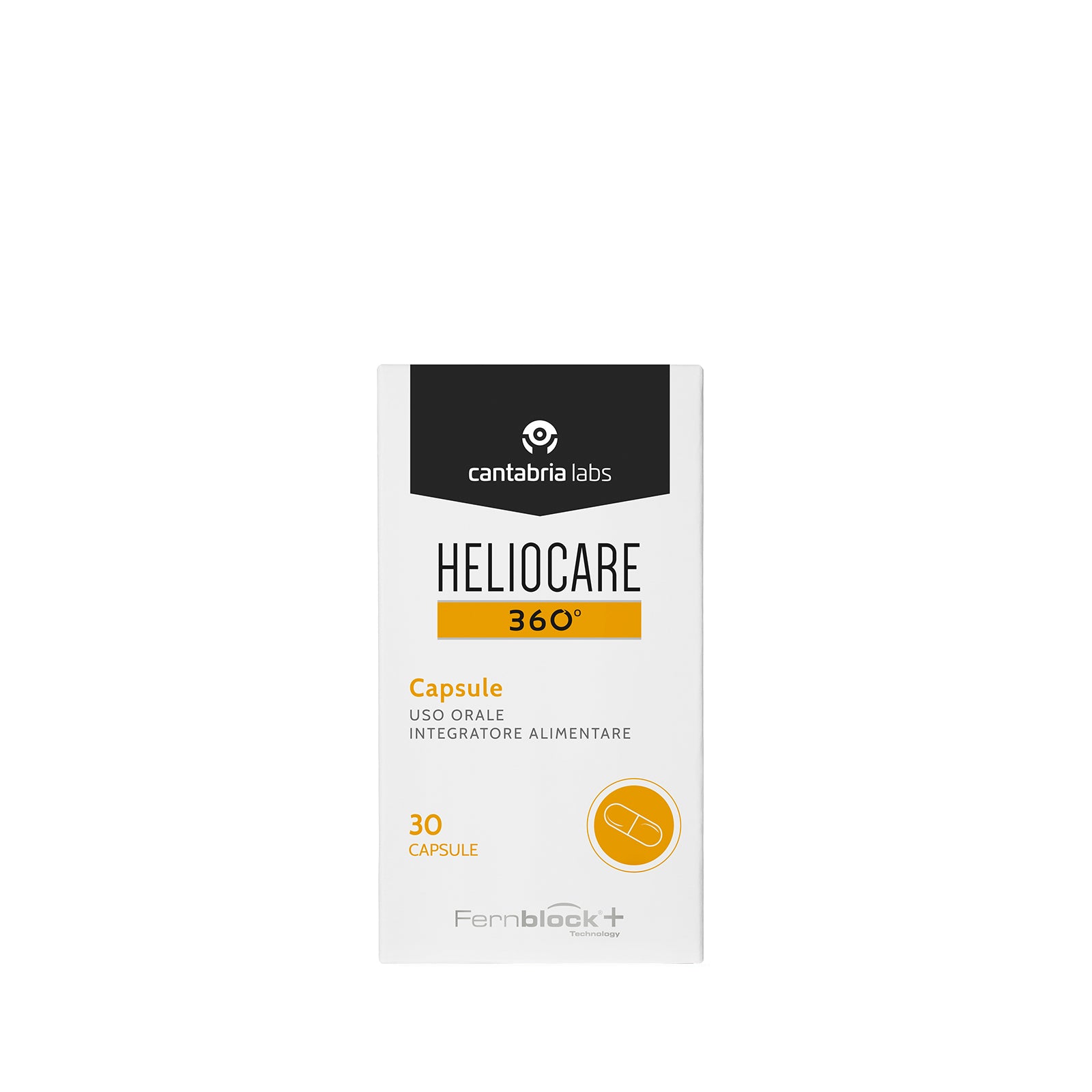 Front view of Heliocare 360 Oral Sun Protection Capsules box, 30-count. Designed for all skin types to enhance sunscreen effectiveness.