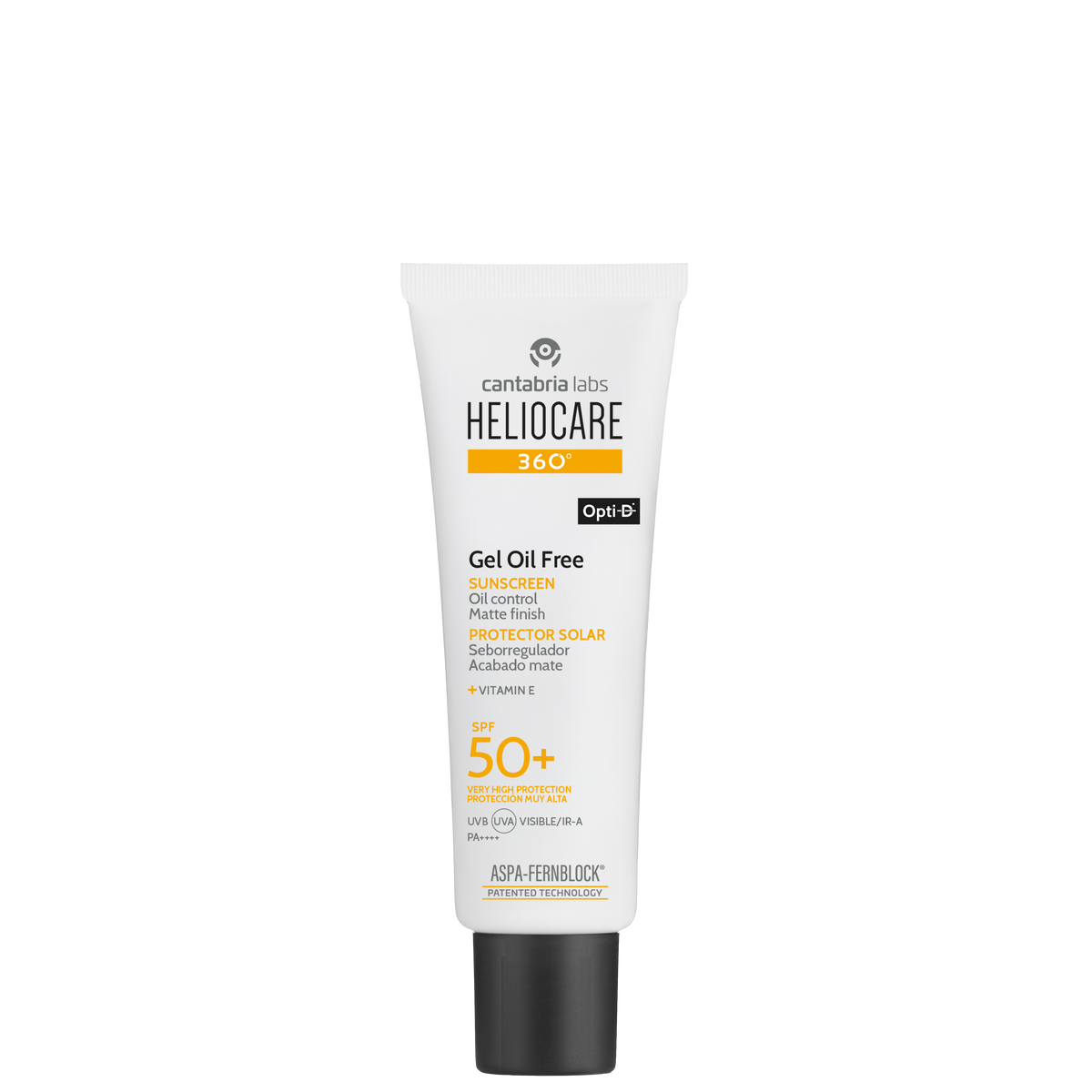 White tube of Heliocare 360 Oil-Free Gel Sunblock SPF50+ with black cap, featuring orange and black text, designed for oily skin protection