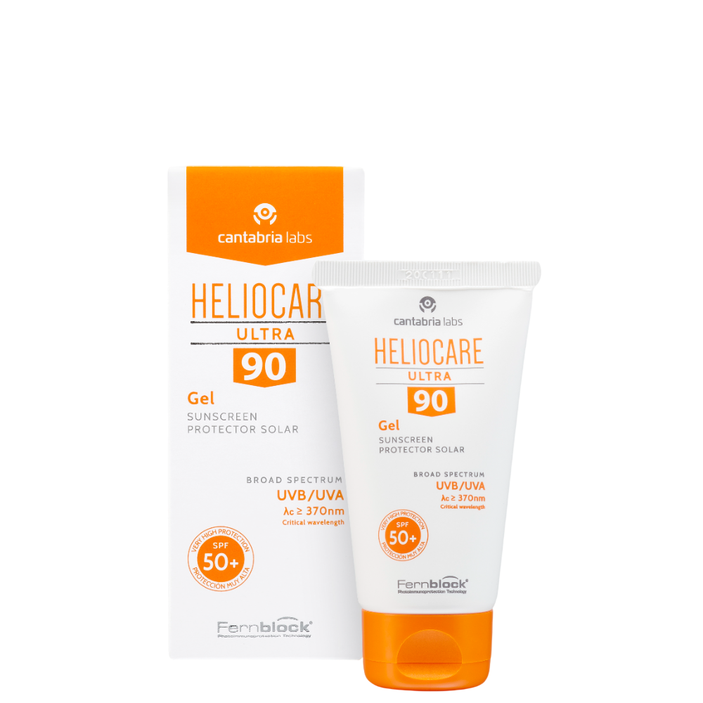 Heliocare Ultra 90 Gel SPF50+ Sunblock 50ml with box packaging, ideal for high UV protection and sensitive skin with Fernblock technology.