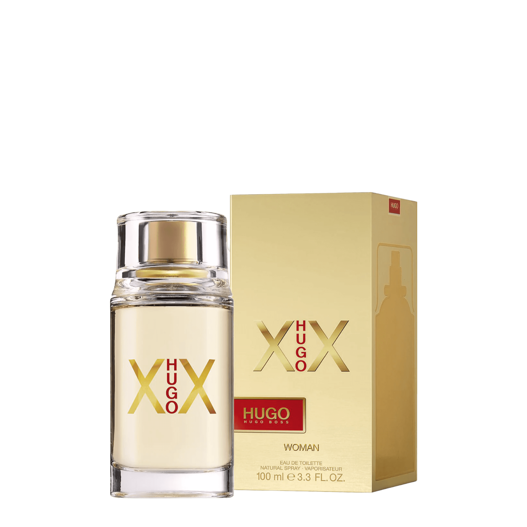 Hugo Boss XX Hugo 100 ml perfume for women, featuring a sophisticated blend of citrus, jasmine, and sandalwood. Elegant fragrance in a gold-toned bottle.