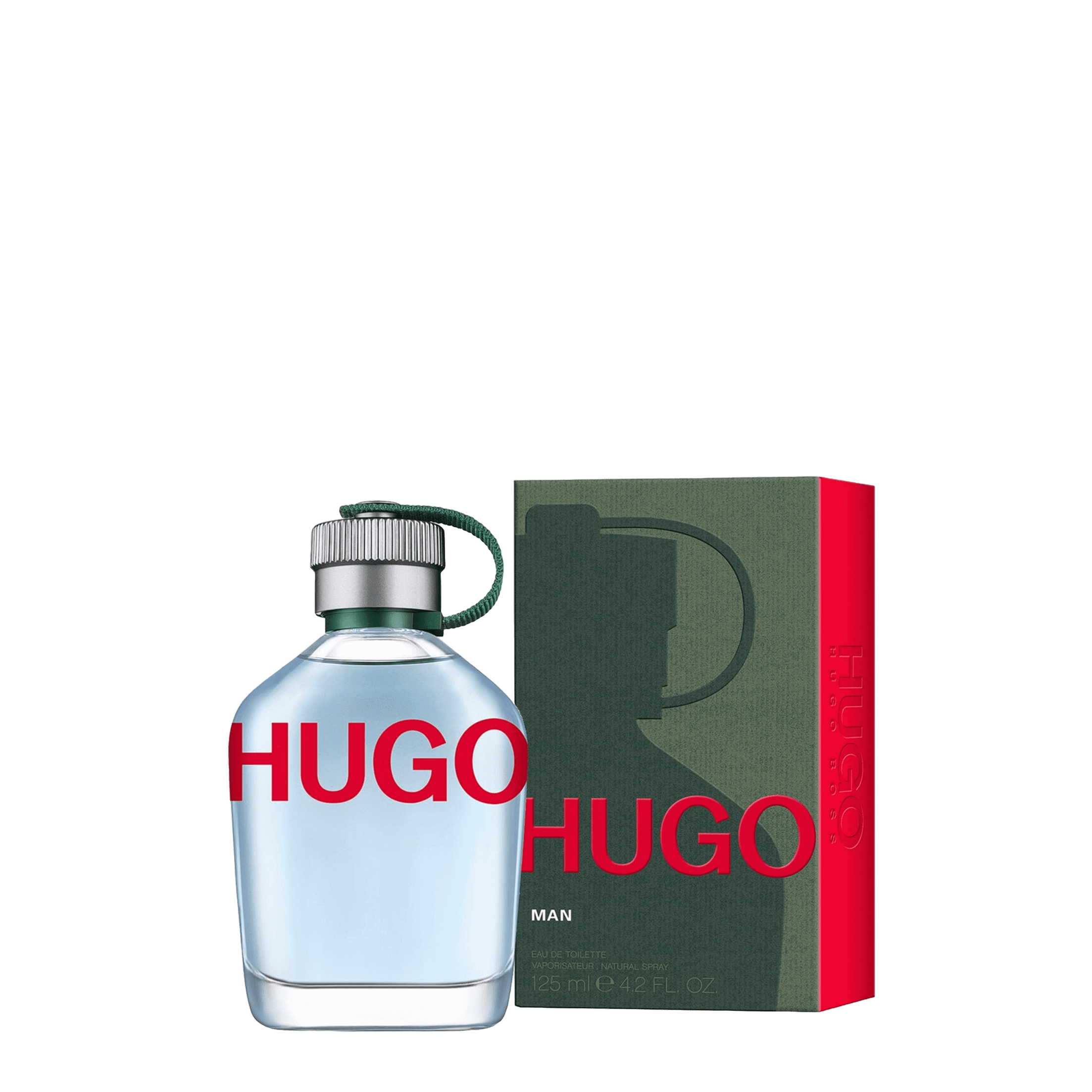 Hugo Hugo Boss Man Eau de Toilette 125 ml features a fresh and modern fragrance for men. The bottle has a sleek design with bold red branding, paired with a stylish green box.
