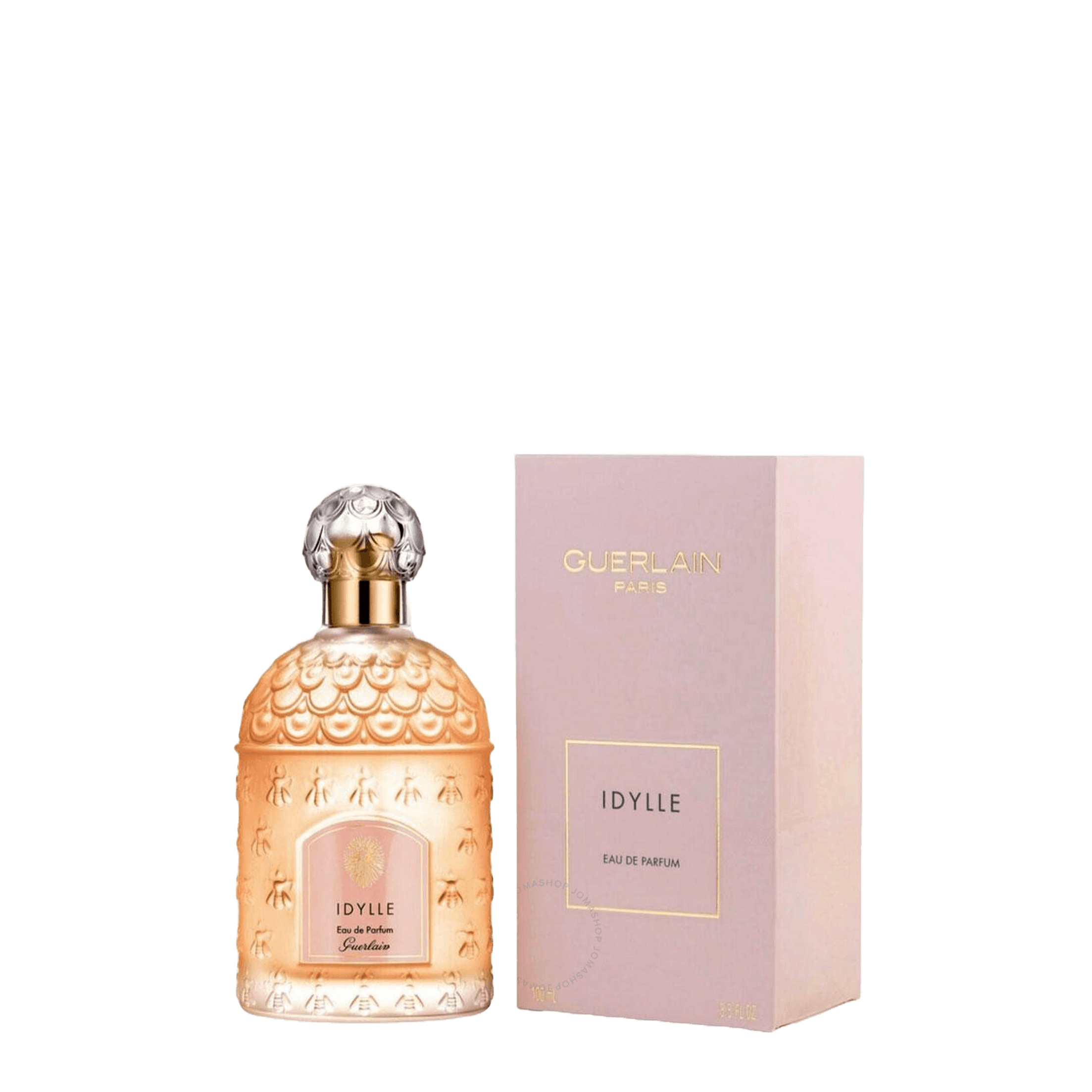 Idylle by Guerlain Eau de Parfum 100 ml, a luxurious floral fragrance for women. Elegant bottle with gold accents alongside its pastel pink packaging.