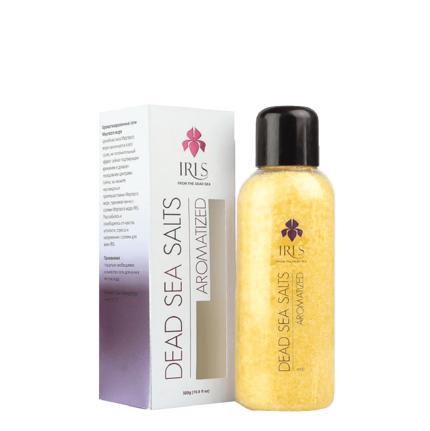 Iris Dead Sea Salts Aromatized 500 G enriched with natural minerals and essential oils. Detoxifies, soothes skin conditions, and provides gentle exfoliation.