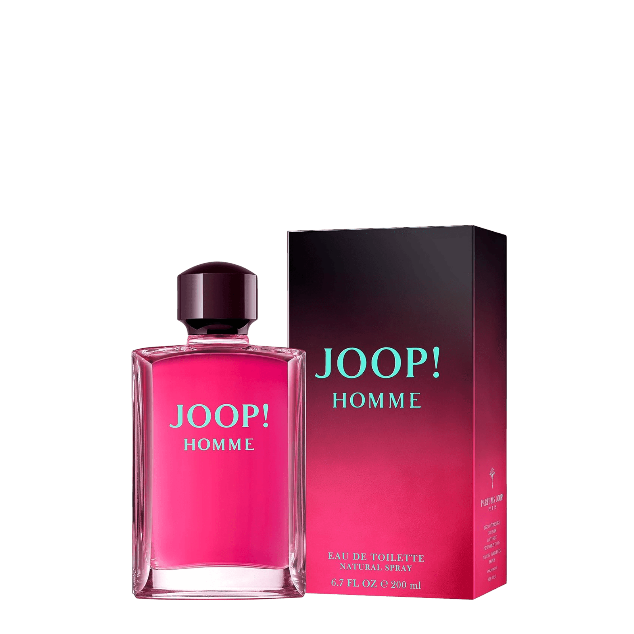 Joop Homme Eau de Toilette 200 ml, a bold and masculine fragrance with warm vanilla and citrus notes. Presented in a sleek pink bottle with packaging.