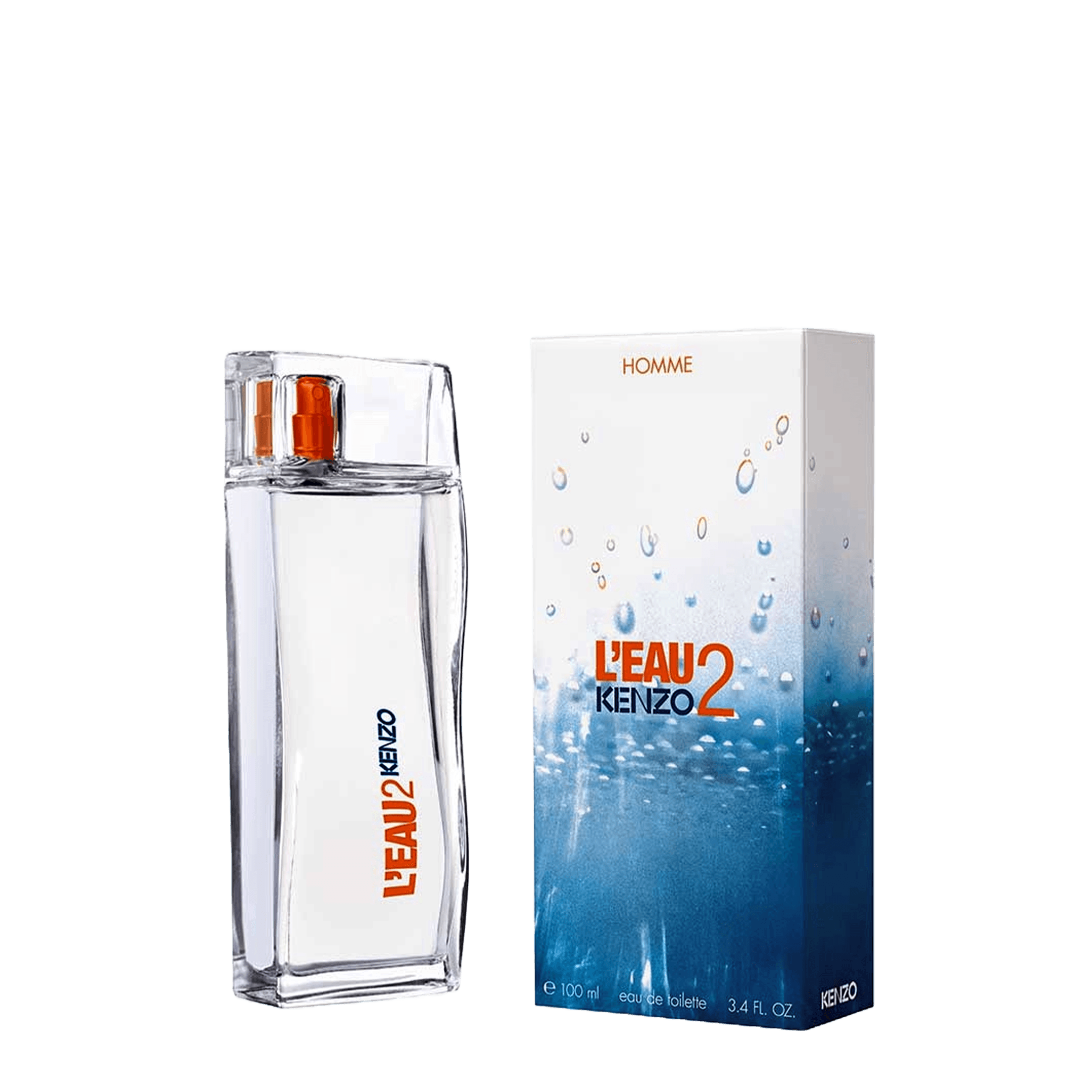 Kenzo L'Eau 2 Eau De Toilette 100 ml for men, featuring a sleek glass bottle with orange accents and a refreshing aquatic-themed packaging. A vibrant fragrance with citrus and floral notes.