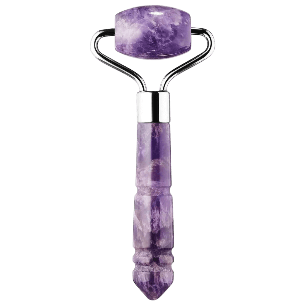 Mount Lai The De-Puffing Mini Amethyst Facial Roller, a compact skincare tool made from natural amethyst. Designed to reduce puffiness and promote lymphatic drainage.