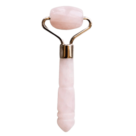 Mount Lai The De-Puffing Mini Rose Quartz Roller, a compact skincare tool made from rose quartz, designed to reduce puffiness and promote lymphatic drainage.