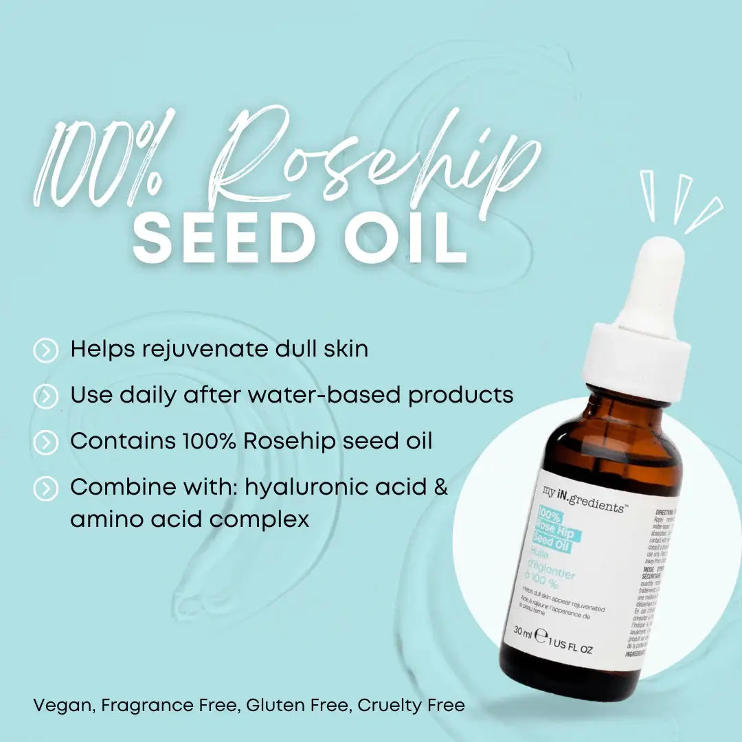 Infographic of My iN.gredients 100% Rosehip Seed Oil highlighting benefits like dull skin rejuvenation and use with hyaluronic acid.