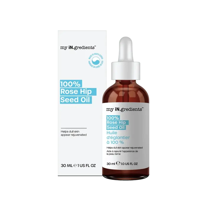 My iN.gredients 100% Rosehip Seed Oil 30 ml facial serum with box packaging, ideal for brightening and evening skin tone.
