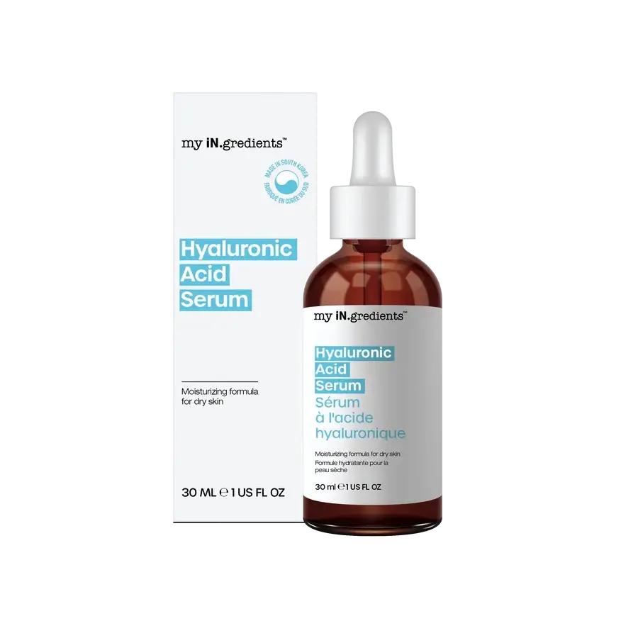 My iN.gredients Hyaluronic Acid Serum 30 ml with outer packaging, designed for dry skin hydration and skin plumping. Ideal for all skin types.