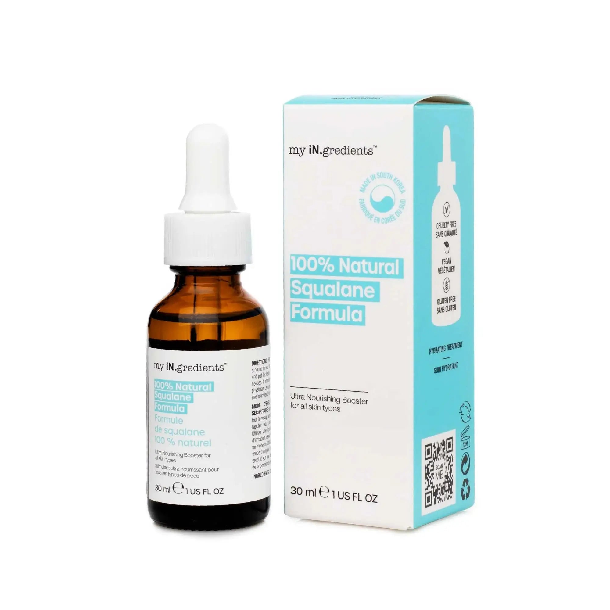 My iN.gredients 100% Natural Squalane Oil 30 ml with product box, designed for ultra-nourishment and skin barrier support.