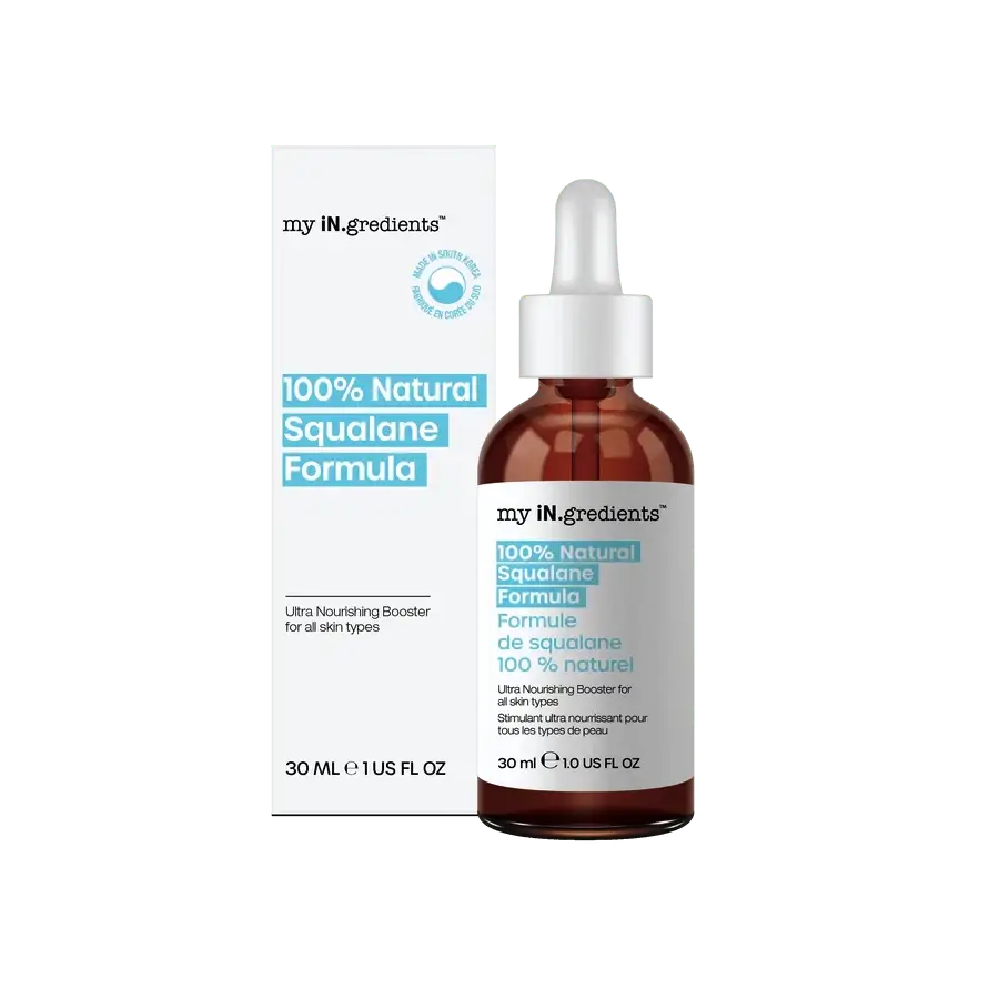 My iN.gredients 100% Natural Squalane Formula 30 ml facial serum with product box, ideal for hydrating and soothing all skin types.
