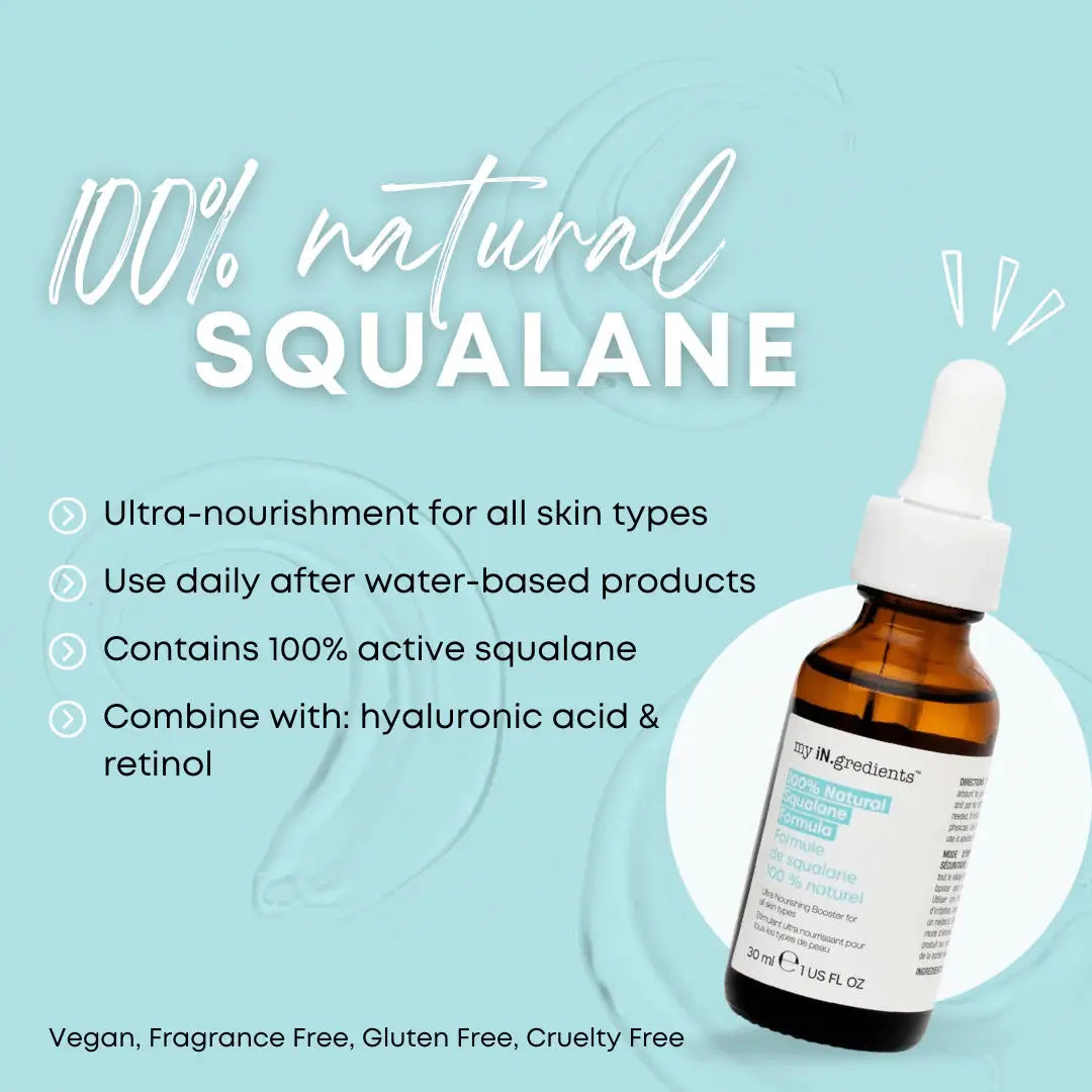 My iN.gredients Squalane Oil promotional image showing serum bottle with skincare benefits like vegan, cruelty-free, and gluten-free.