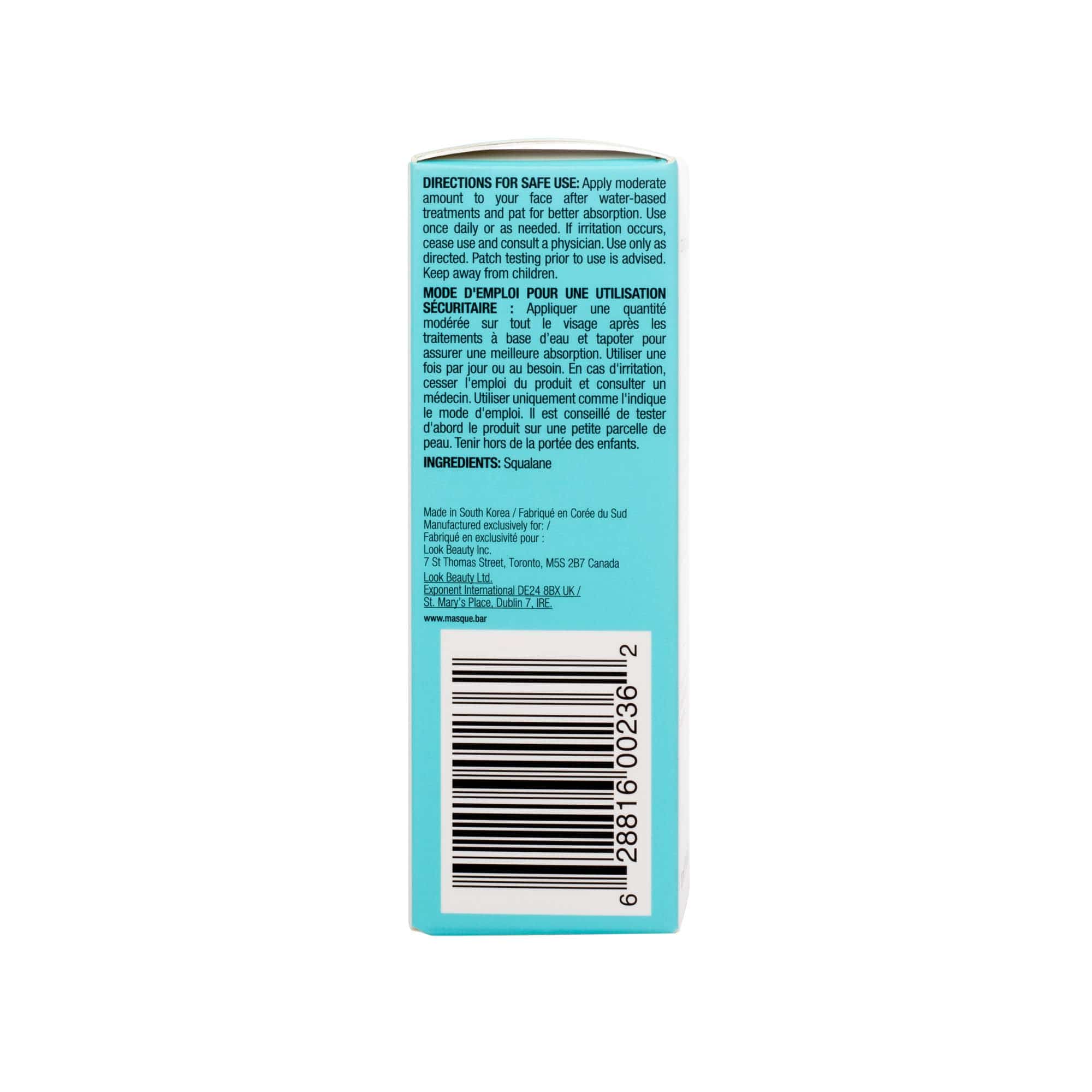 Back of My iN.gredients Squalane Oil box showing directions, ingredients, and barcode for the 30 ml facial serum.