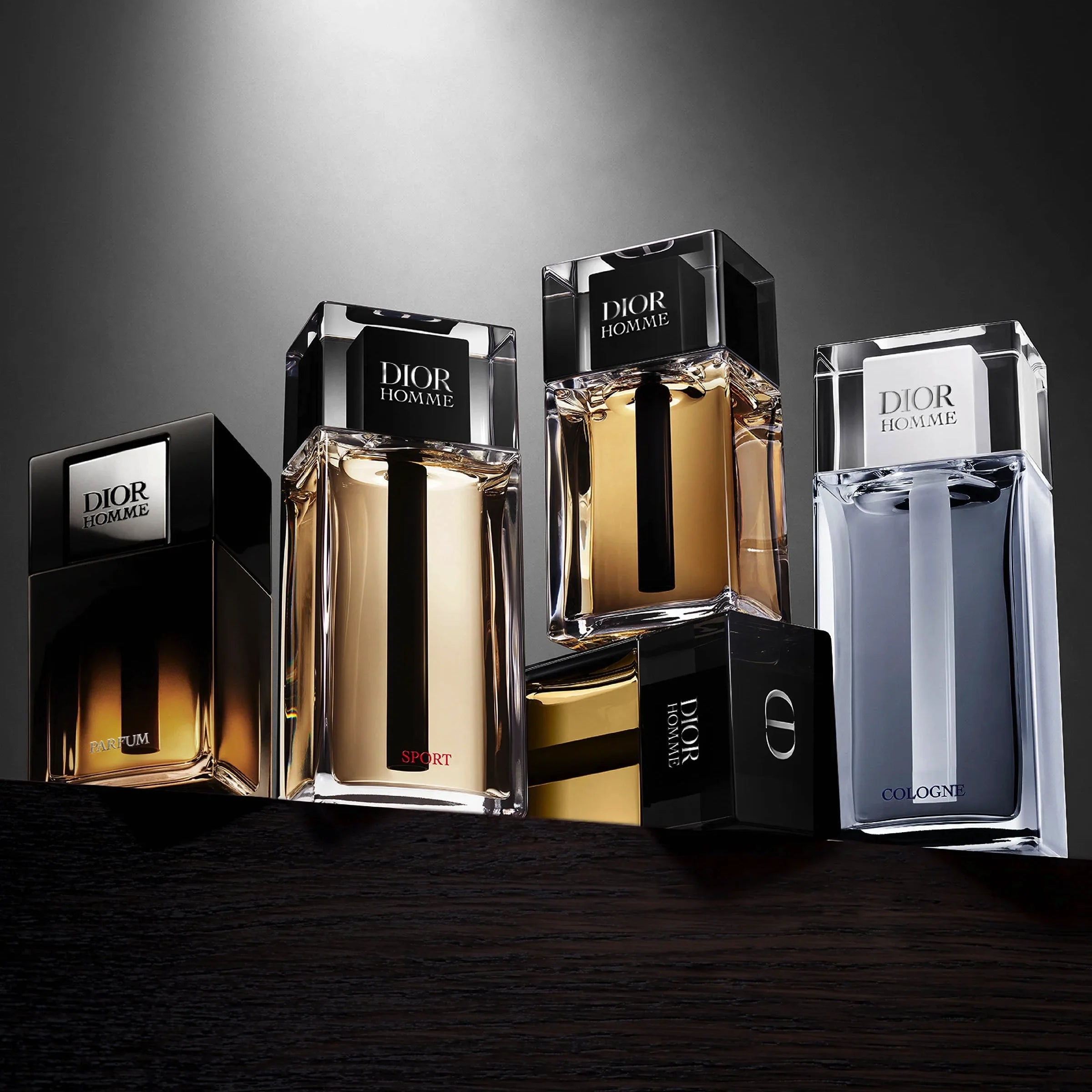 Elegant Dior Homme perfume collection featuring sleek, modern bottles.