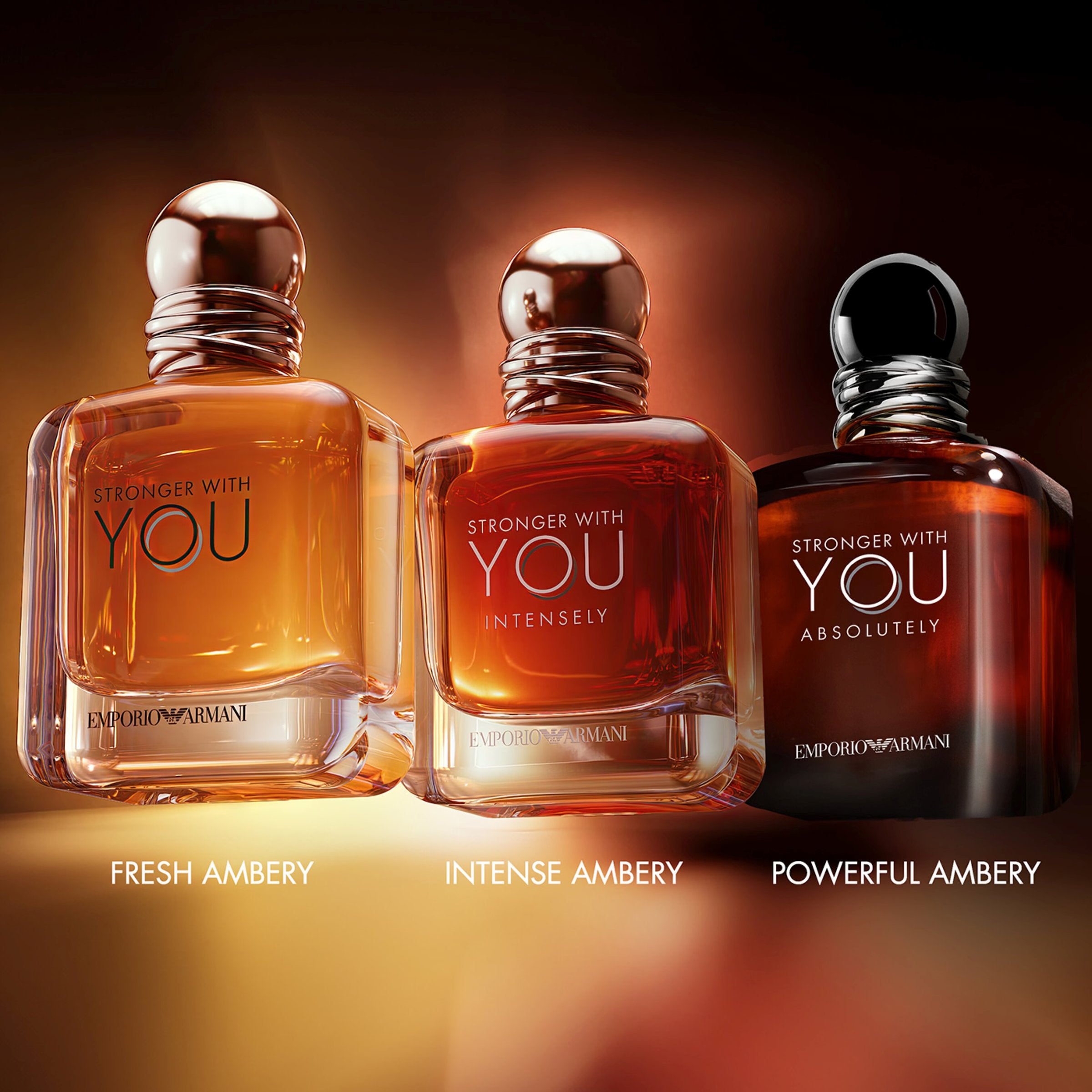 Giorgio Armani Stronger With You fragrance collection featuring EDT, Intensely, Absolutely, and Parfum bottles.