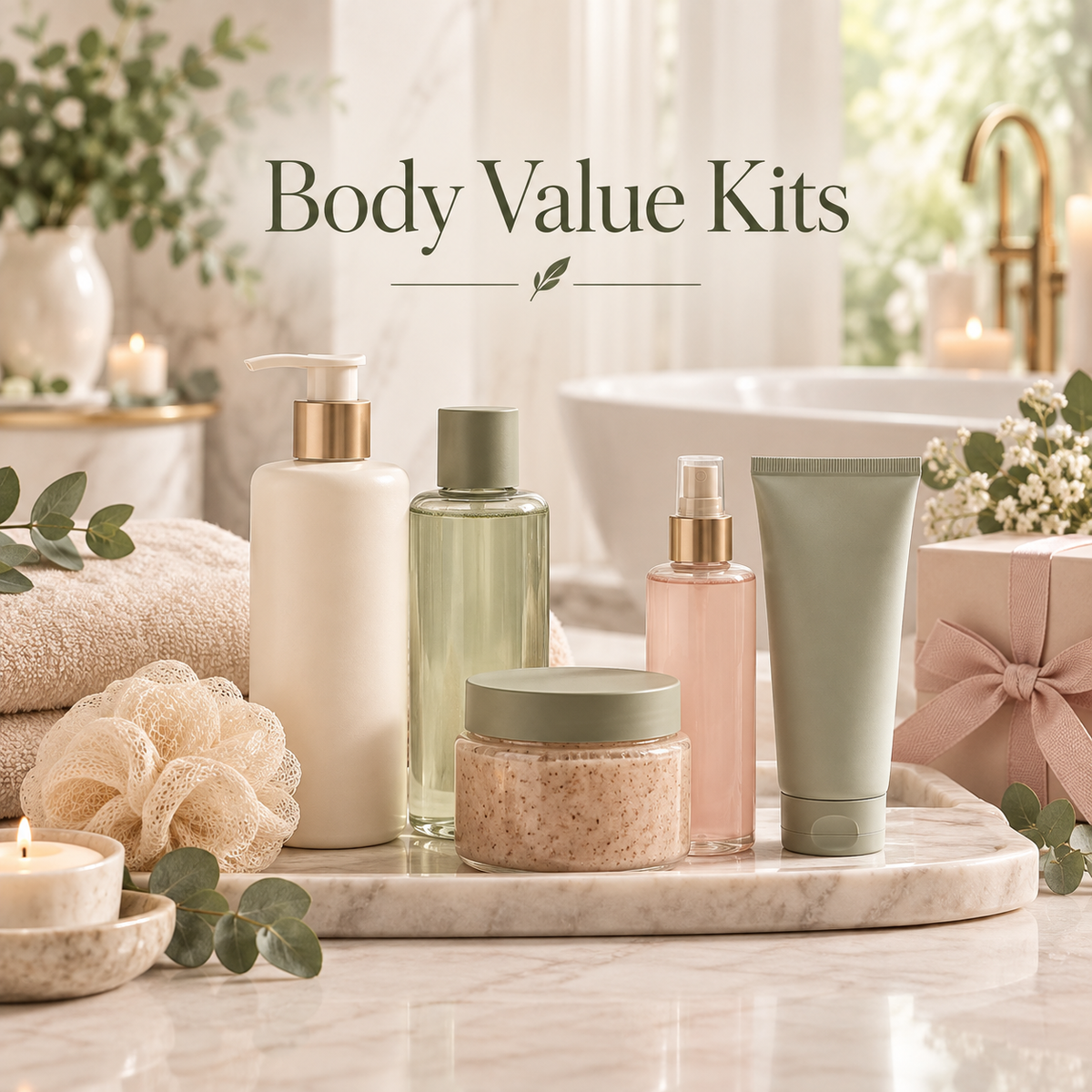 Luxurious body care bundles featuring everyday essentials like lotions, cleansers, and scrubs in a serene bathroom setting, perfect for self-care routines.