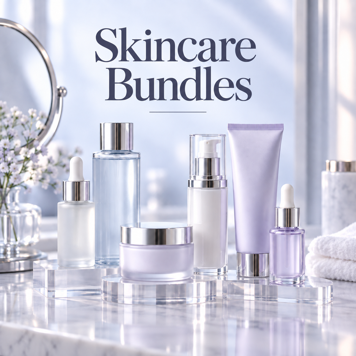 The image showcases a set of skincare products. The set includes two amber dropper bottles, two jars with white lids, and a small wooden bowl. The background features neatly folded white towels, adding to the aesthetic of a spa-like setting.