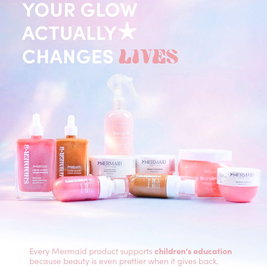 Mermaid body and hair care products with a message about supporting children's education.