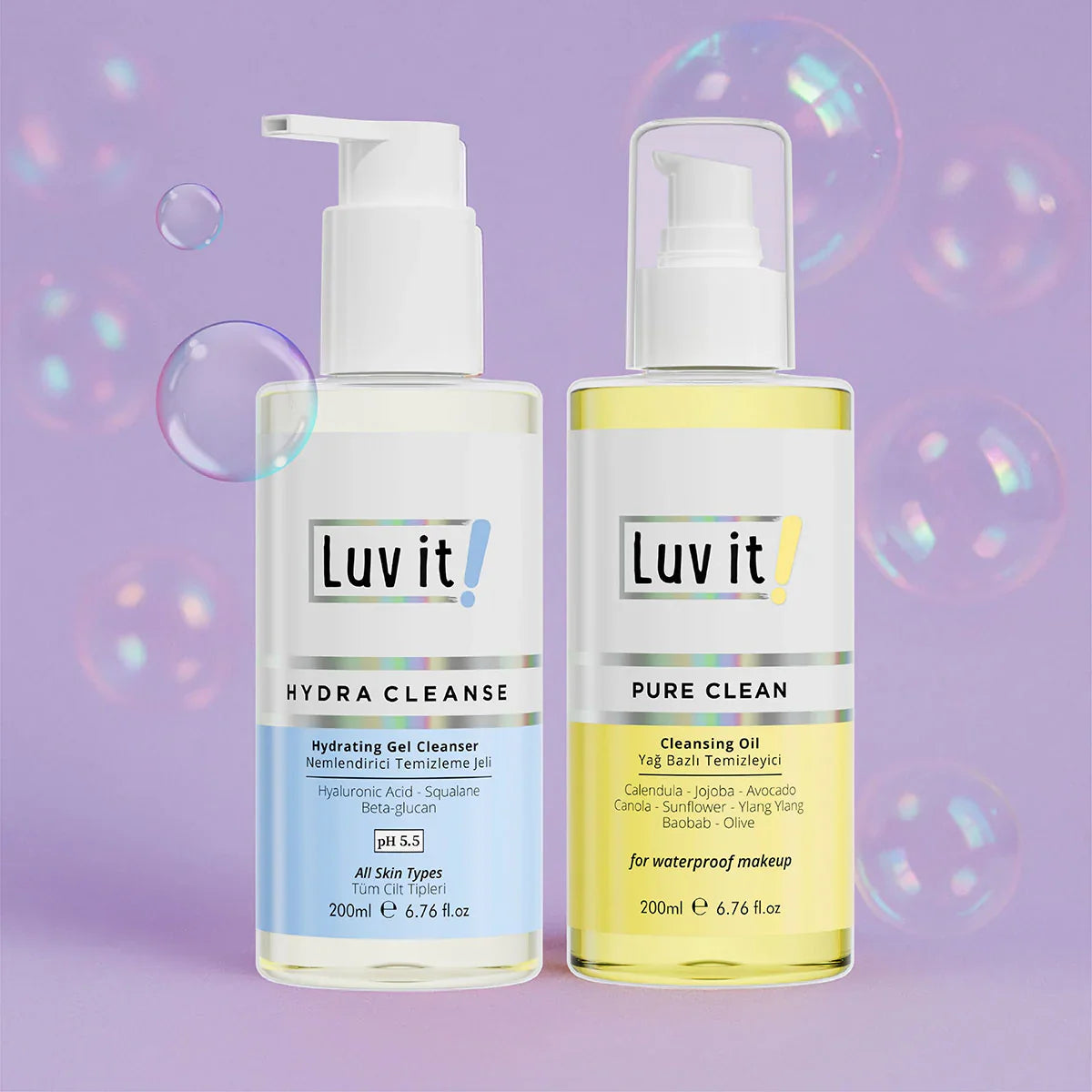 Luv It! multi-purpose cleansers for all skin types on pastel background.