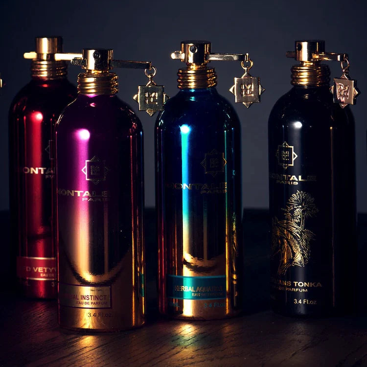 Luxurious Montale perfume bottles in vibrant metallic colors.