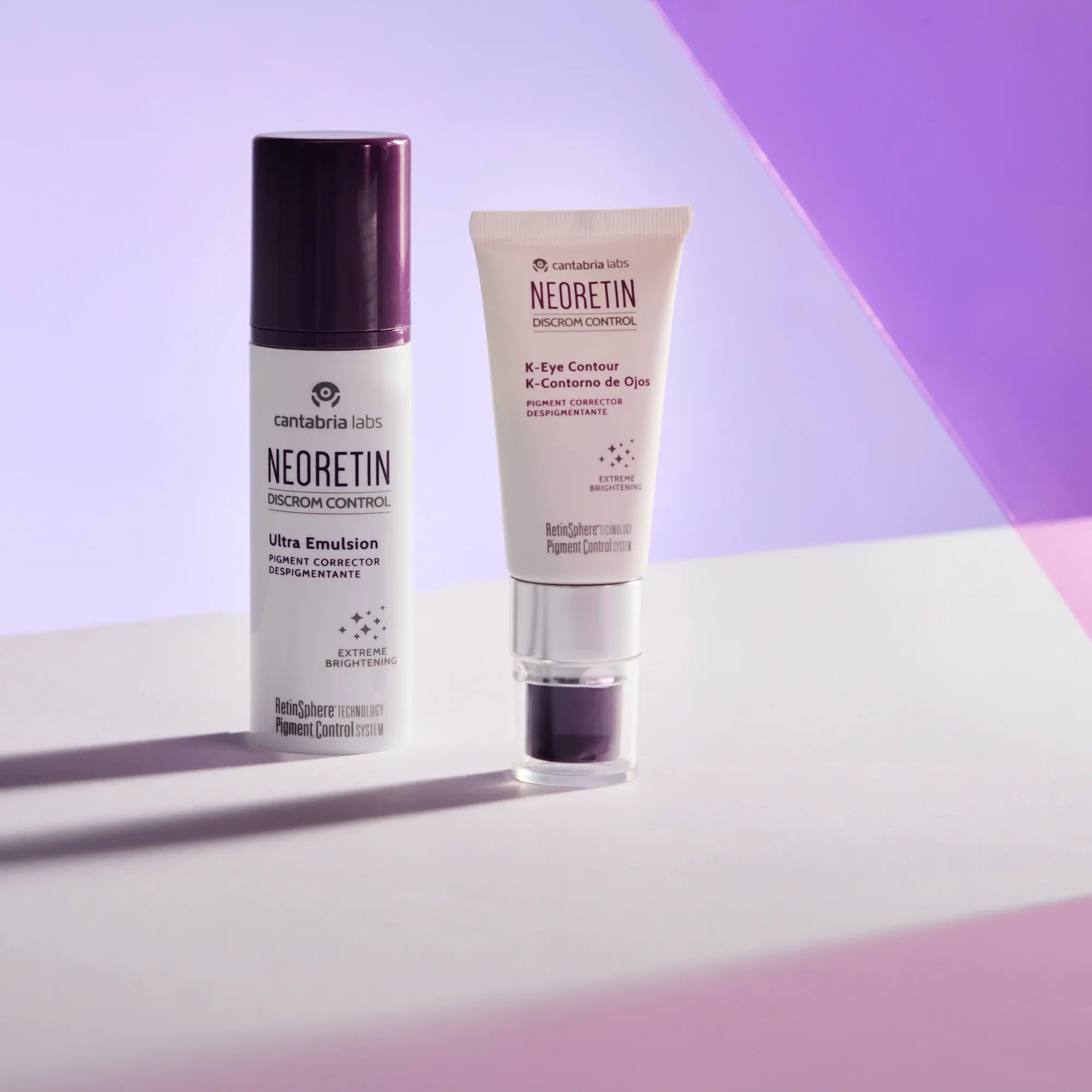 Neoretin pigmentation control skincare duo with emulsion and eye cream.