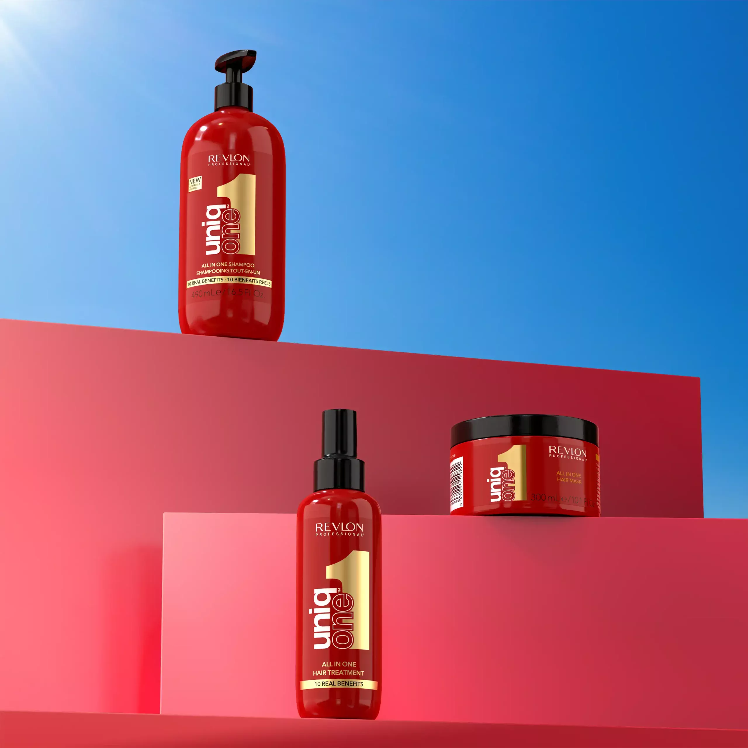 Red shampoo bottle with pump,Revlon" branding, vibrant background.