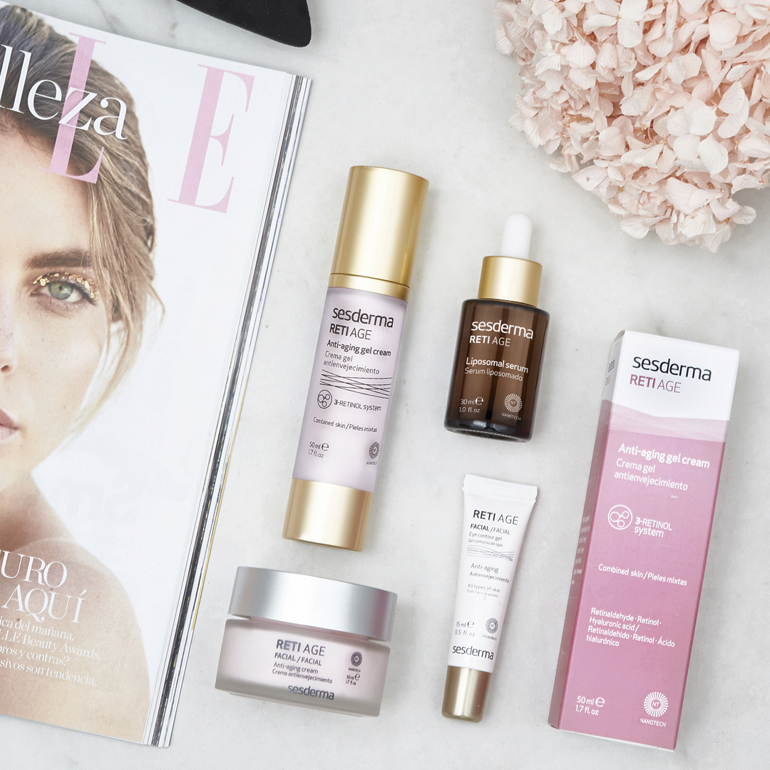 A collection of Sesderma RETI AGE medical skincare products including anti-aging gel cream, liposomal serum, eye contour gel, and facial cream, designed for anti-aging and skin rejuvenation.