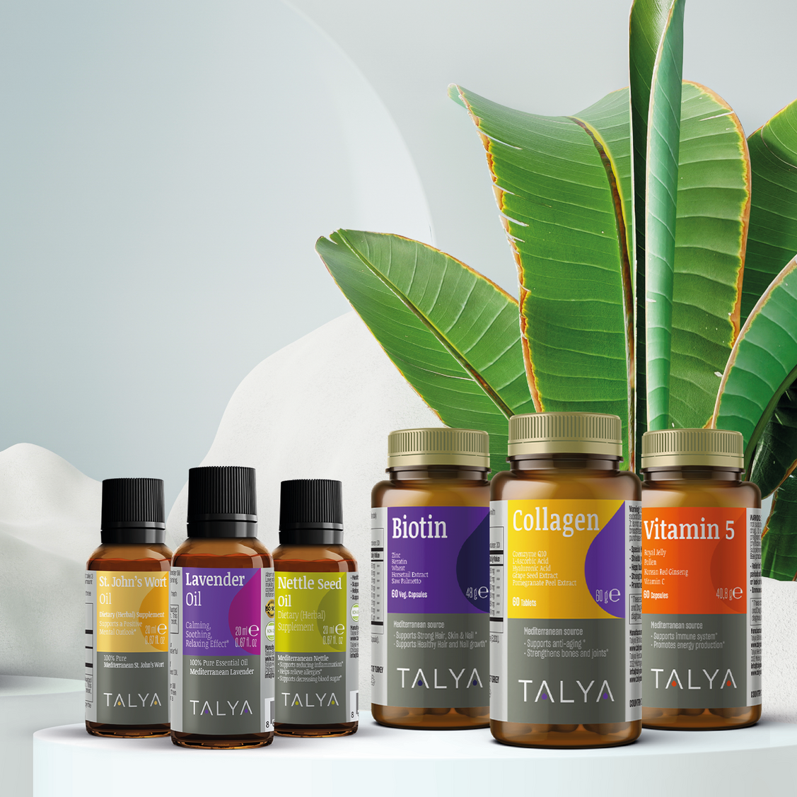 Talya natural supplements and oils with vitamins, collagen, and botanicals.