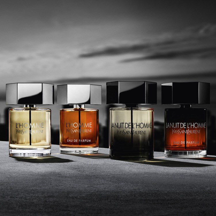 Elegant Yves Saint Laurent L'Homme and La Nuit fragrances lineup.