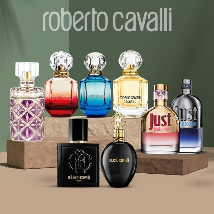 Elegant Roberto Cavalli perfume collection with vibrant designer bottles.