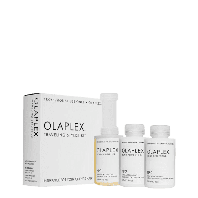 Olaplex Traveling Stylist Kit featuring No.1 Bond Multiplier and No.2 Bond Perfector for professional hair treatment. Ideal for repairing damaged and over-processed hair.