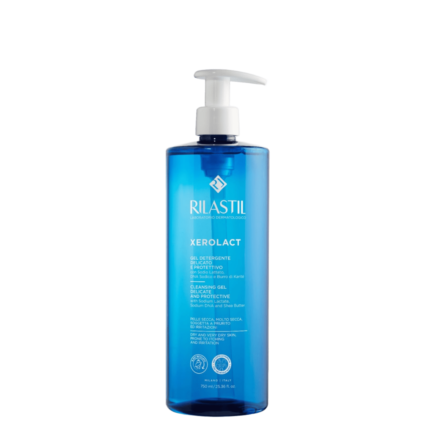 Blue bottle of Rilastil Xerolact gentle hydrating facial cleanser with pump dispenser, designed for dry skin, with Italian text and logo