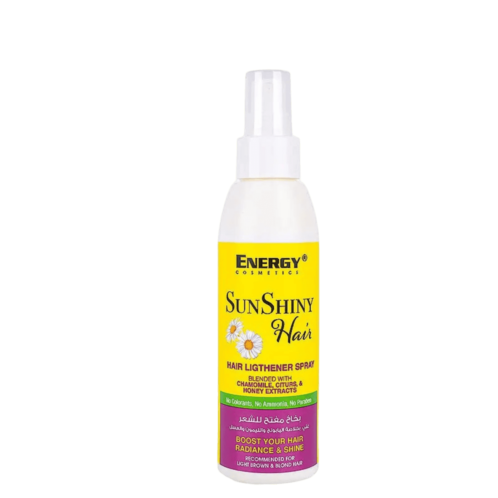 Yellow spray bottle of Energy SunShiny Hair Lightener Spray with chamomile, citrus, honey extracts, no parabens, for radiant shine