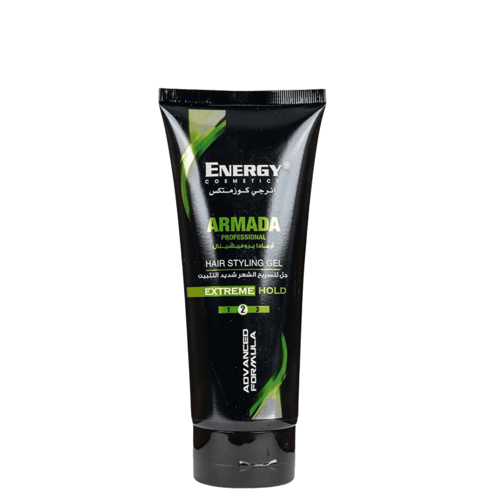 Black tube of Armada Extra Hold Hair Styling Gel for flexible styles with green accents, labeled as advanced formula for strong hold, SKU: 12345