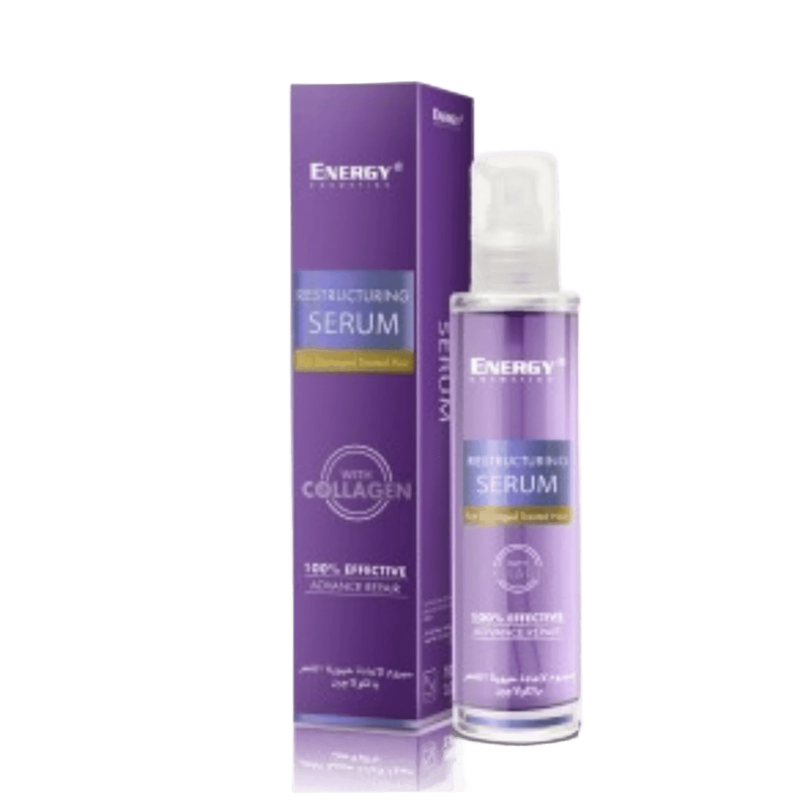 Purple box and bottle of Energy Restructuring Serum for Damaged Hair with collagen, lightweight formula, 100ml size, designed for hair repair