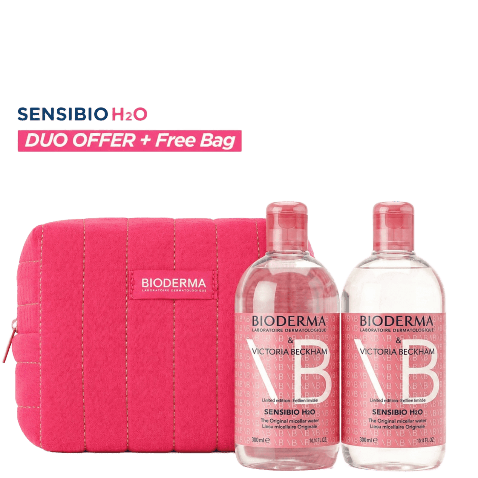 Pink cosmetic bag with quilted design and BIODERMA logo, alongside two bottles of Bioderma Sensibio H2O makeup remover for sensitive skin