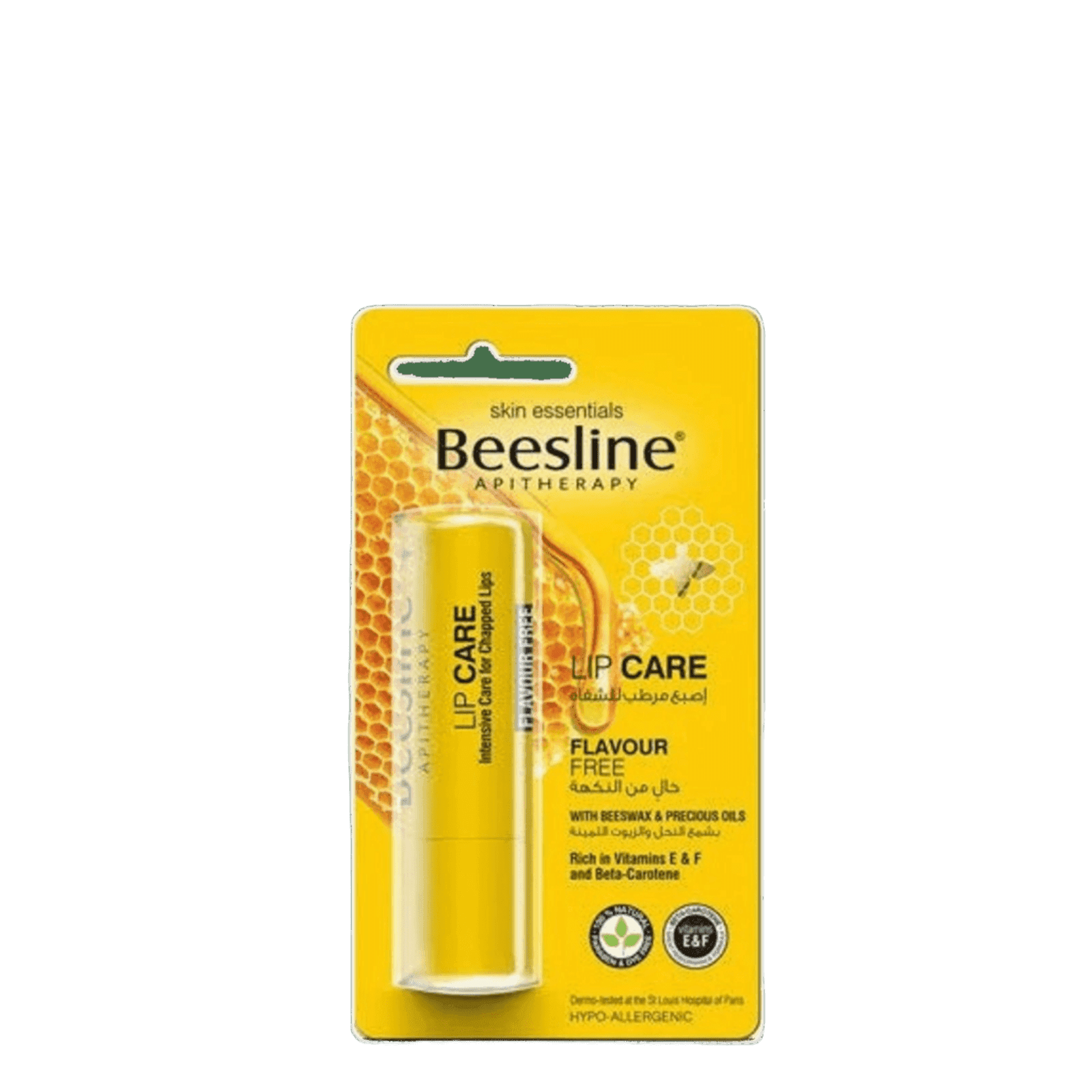 Yellow Beesline lip balm packaging with honeycomb design, containing beeswax and nourishing ingredients for dry lips, SKU: 12345
