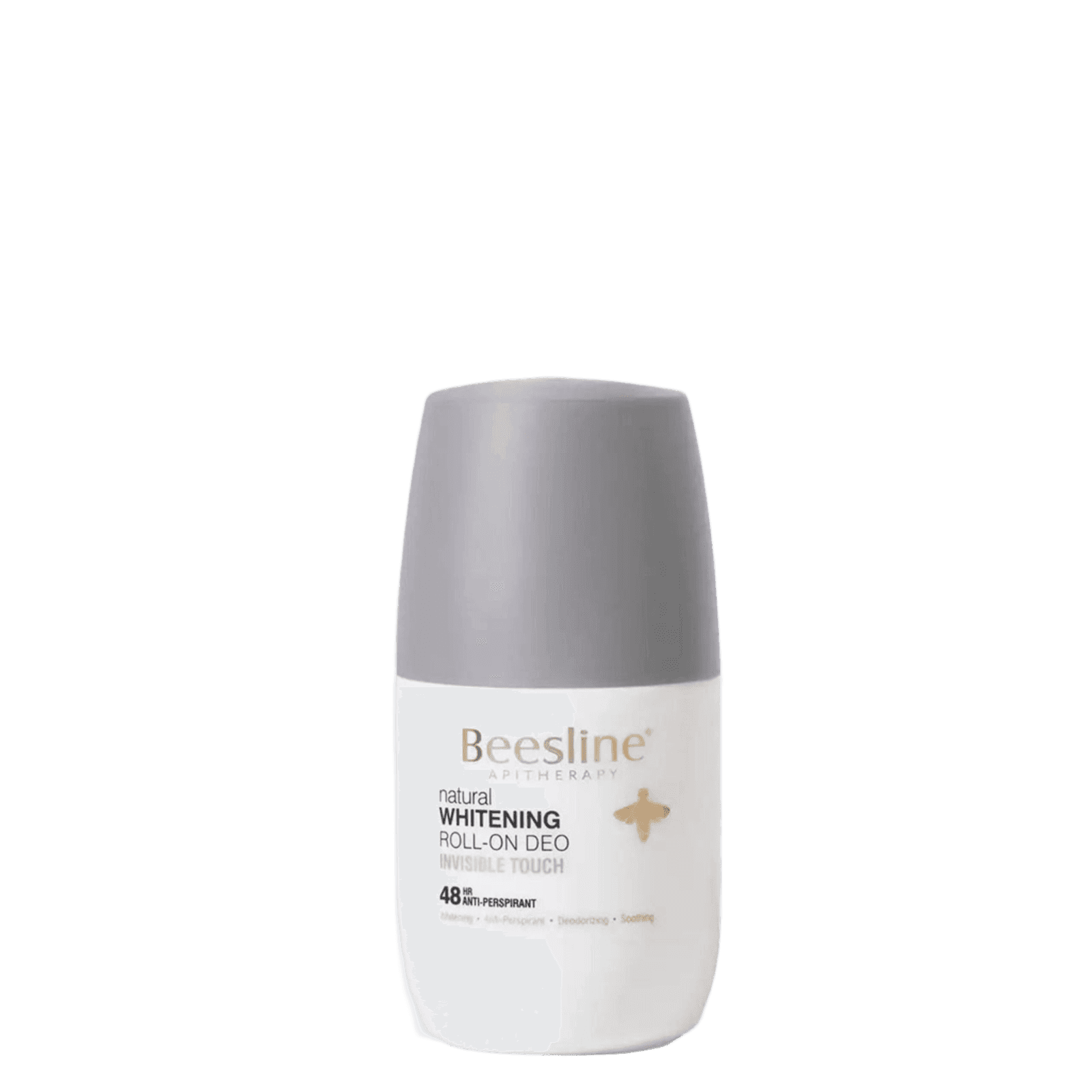 Beesline Skin Brightening Roll-On Deodorant 50ml in white and gray bottle with a rounded cap, featuring anti-perspirant and natural whitening benefits